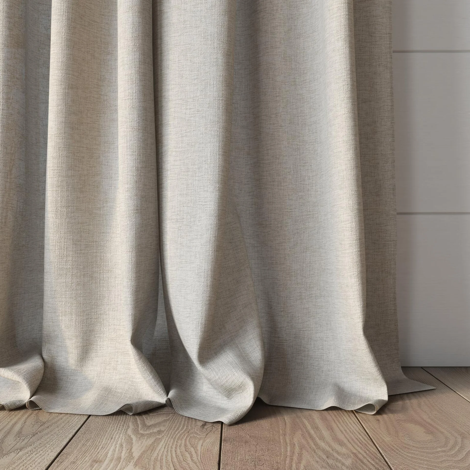 Bottom view of Envoy 2 Angora 320cm, puddled, on curtain rod