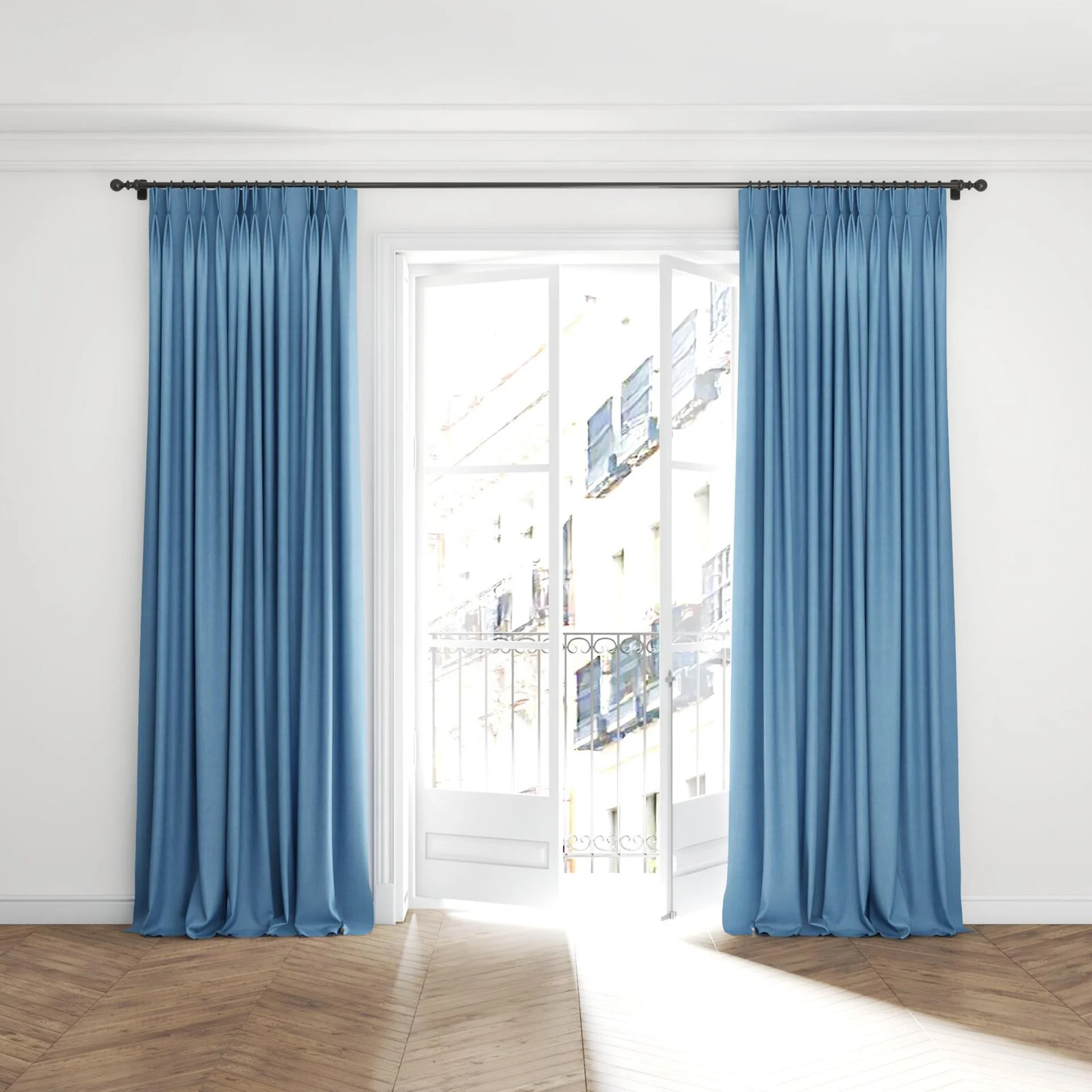 Full view of Rover Spa, puddled with pinch pleat, on curtain rod