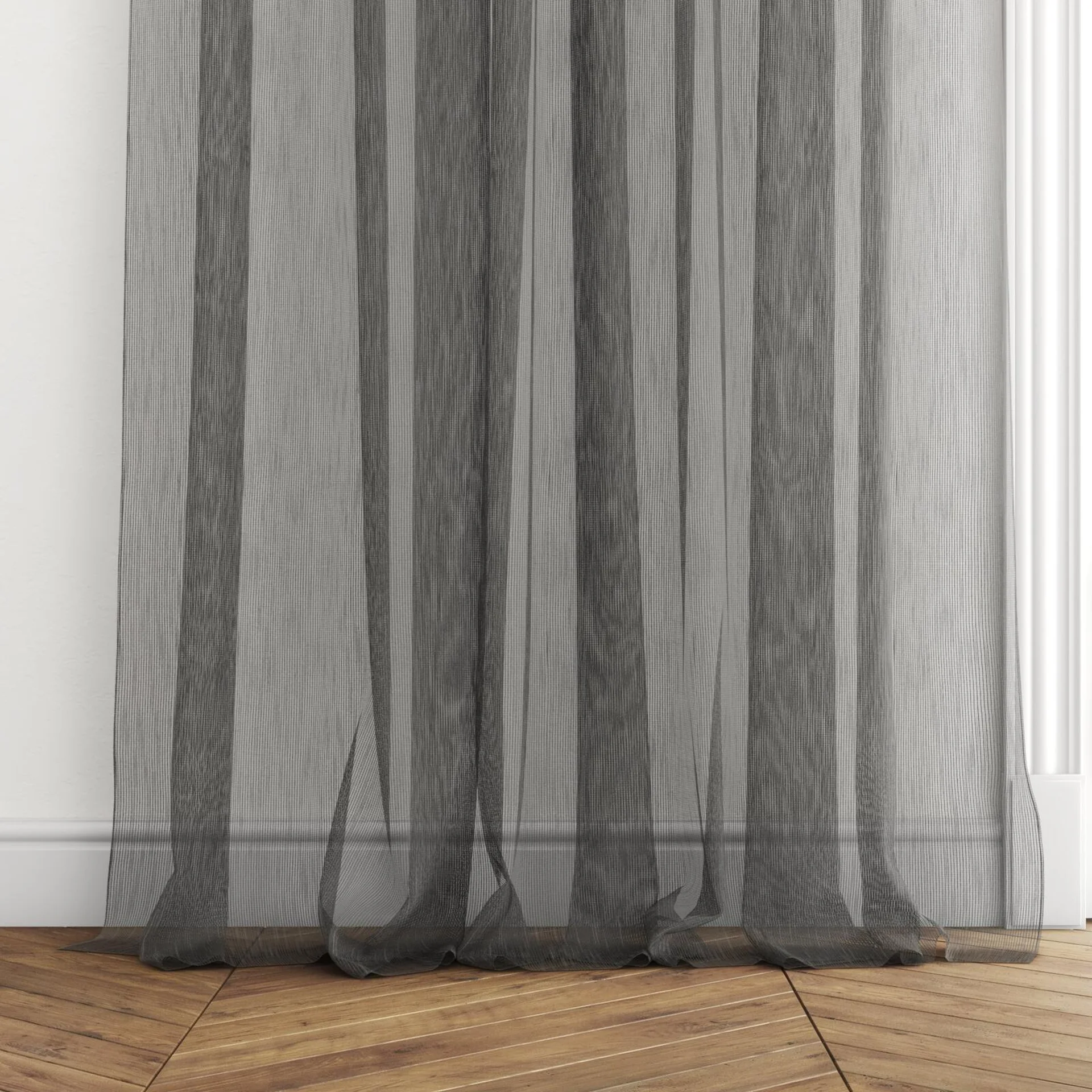 Bottom view of Alliance FR Carbon, puddled with pinch pleat, on curtain rod