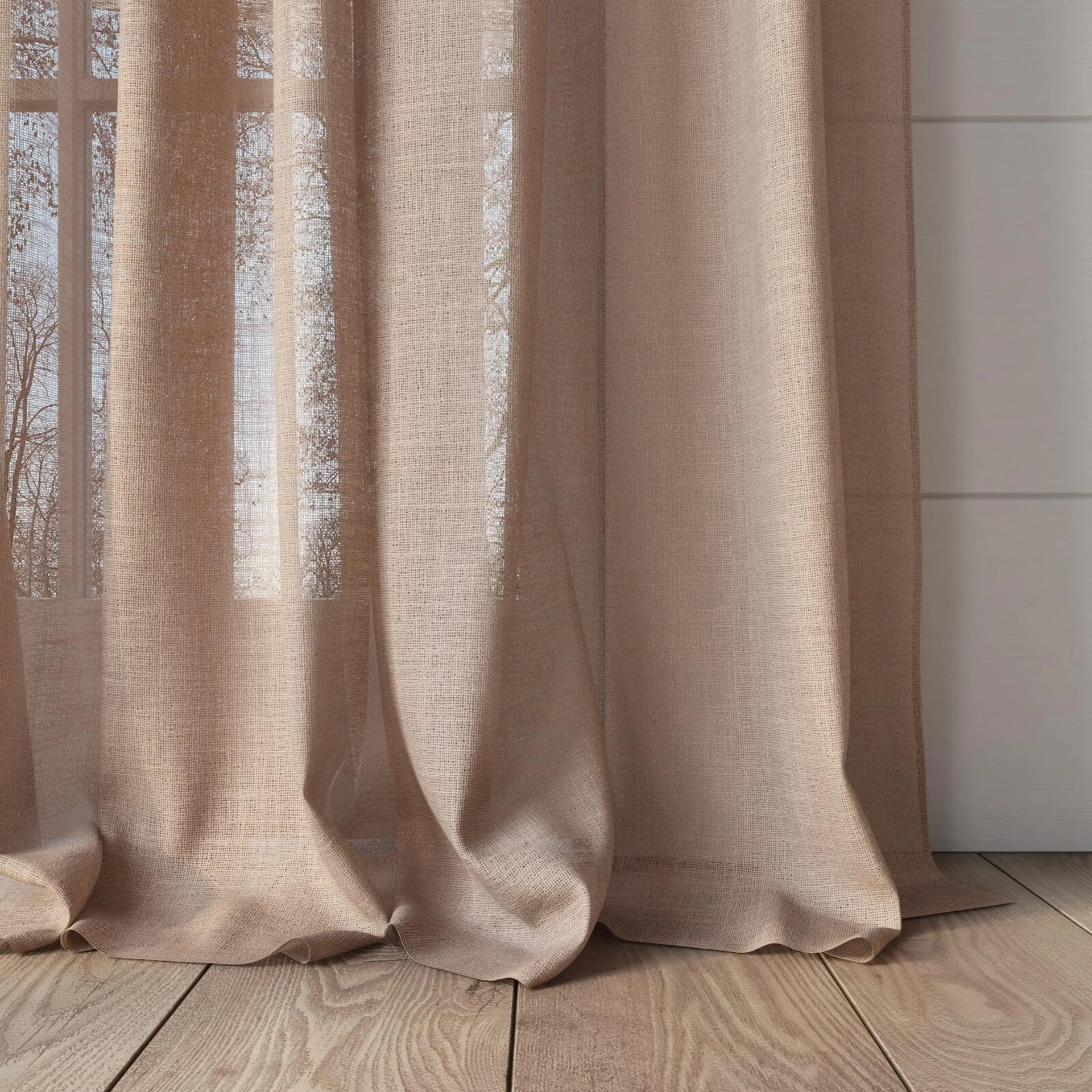 Bottom view of Verdant Blush, puddled, on curtain rod
