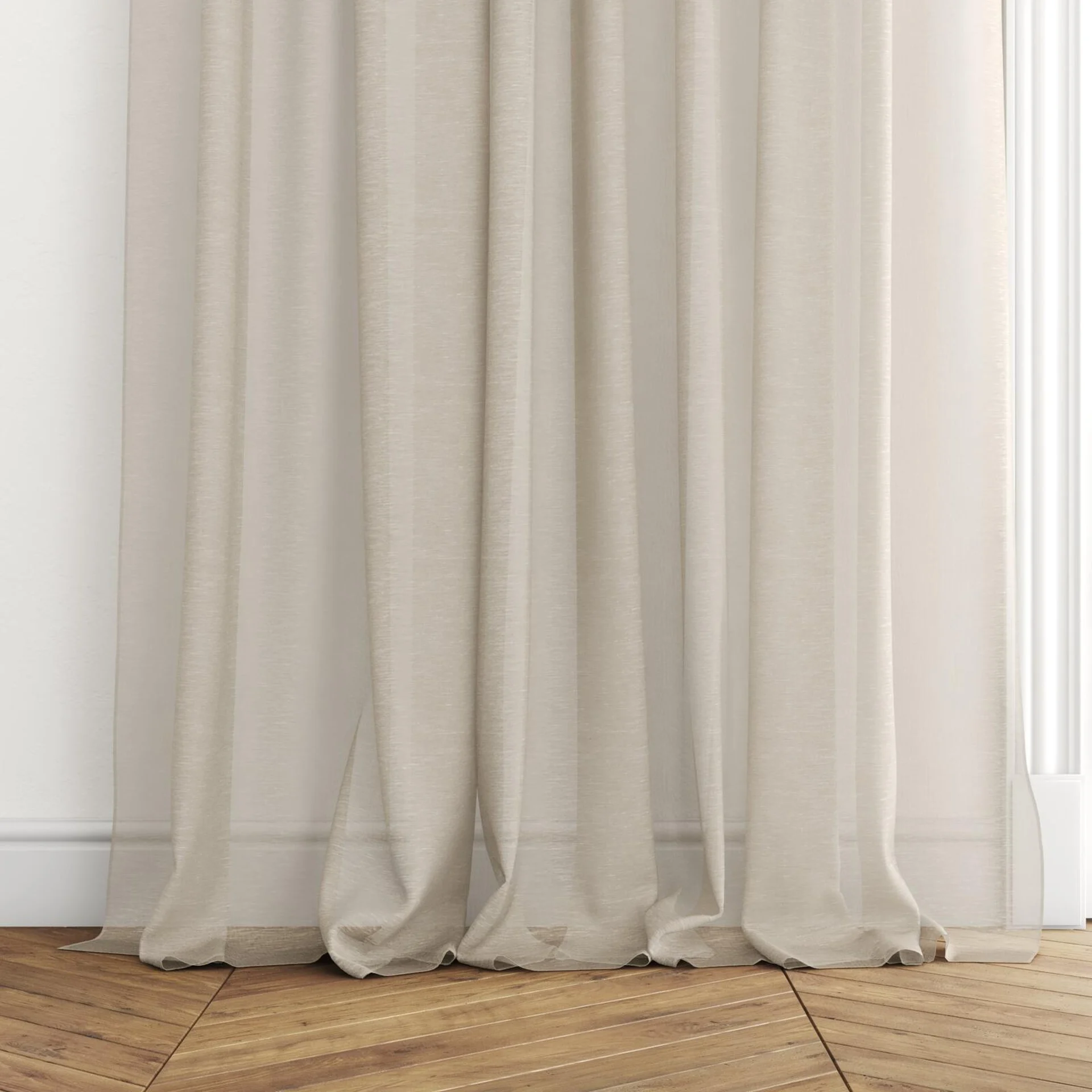 Bottom view of Locomotion Gold, puddled with pinch pleat, on curtain rod