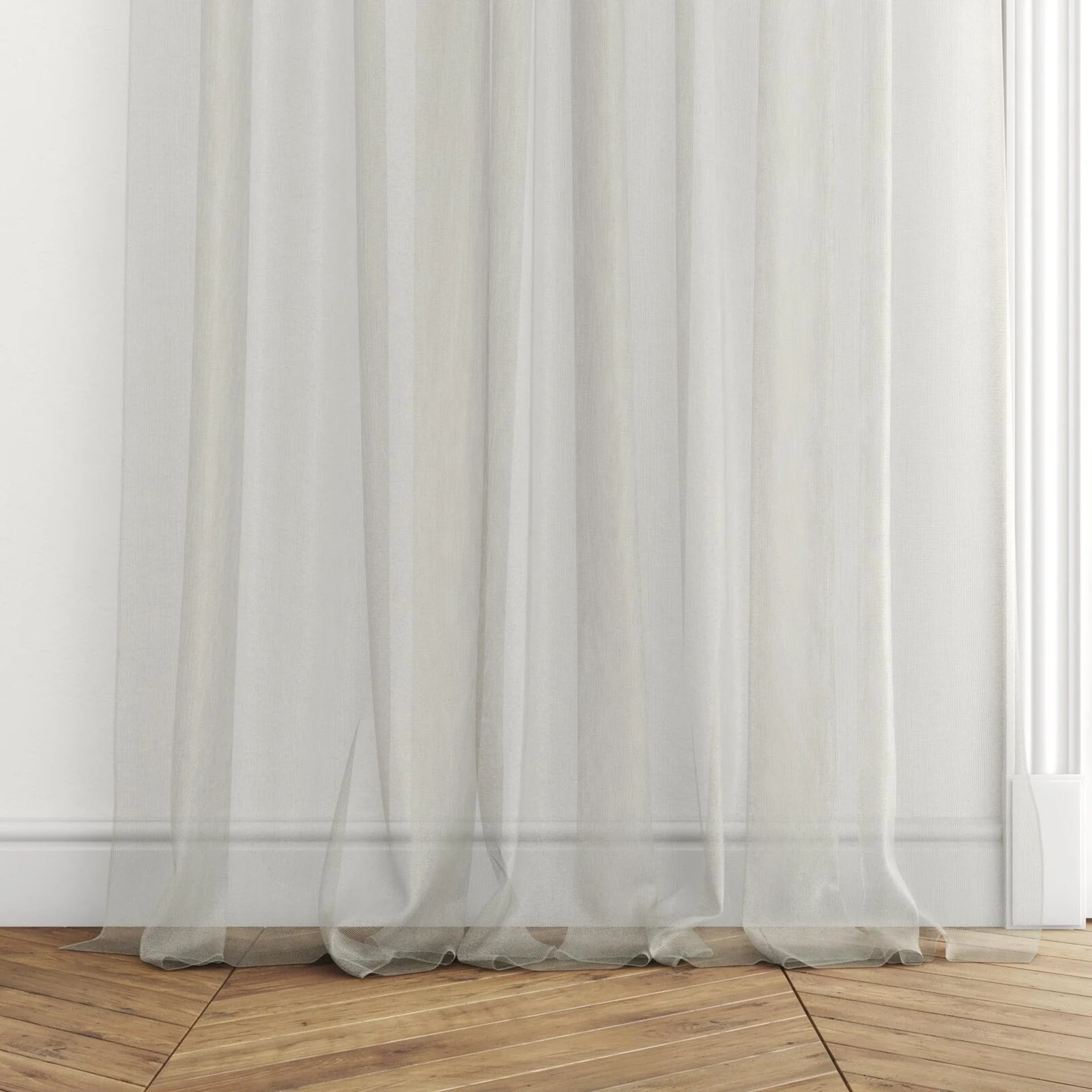 Bottom view of Armour FR Sulphur, puddled with pinch pleat, on curtain rod