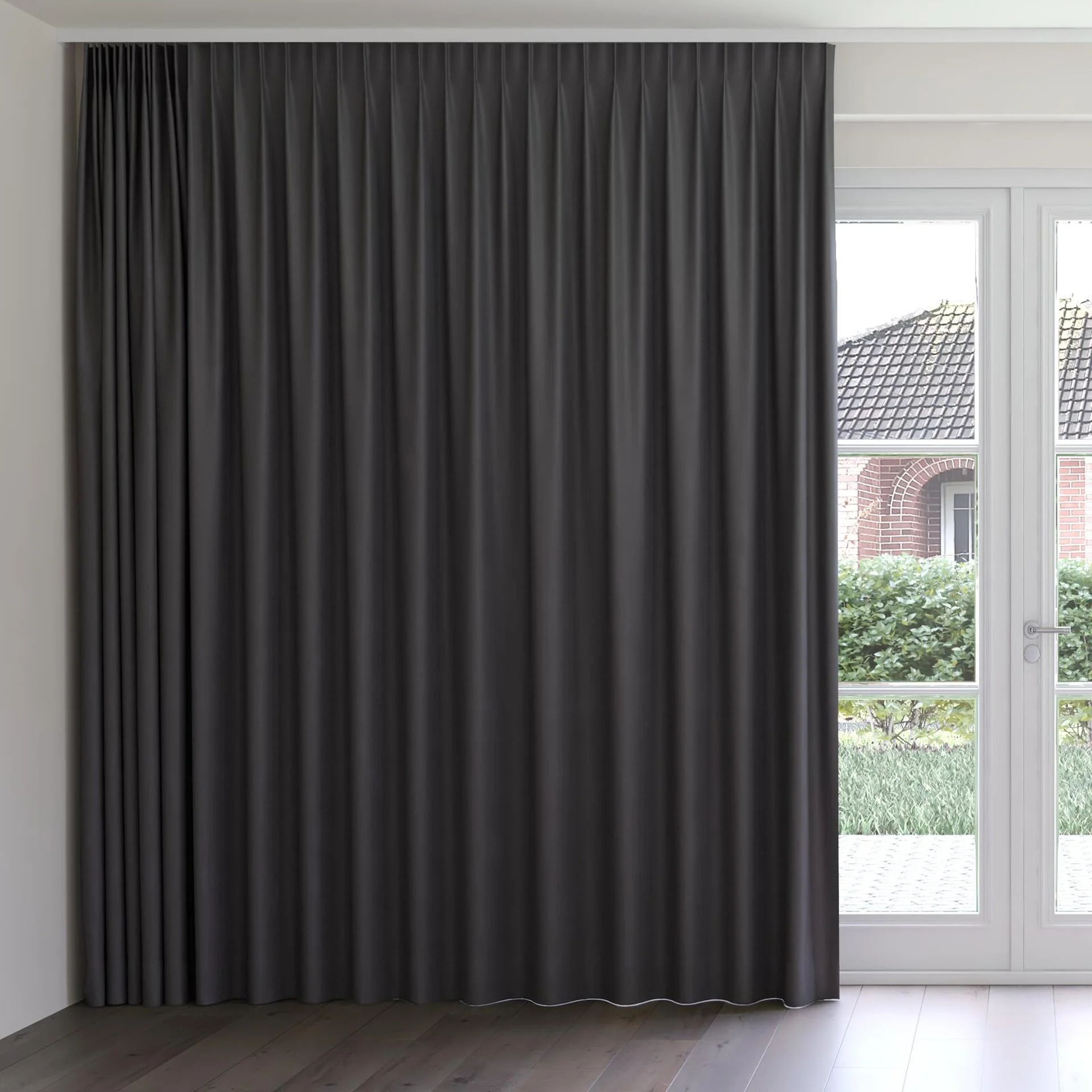 Front view of Urban Charcoal, on curtain rail