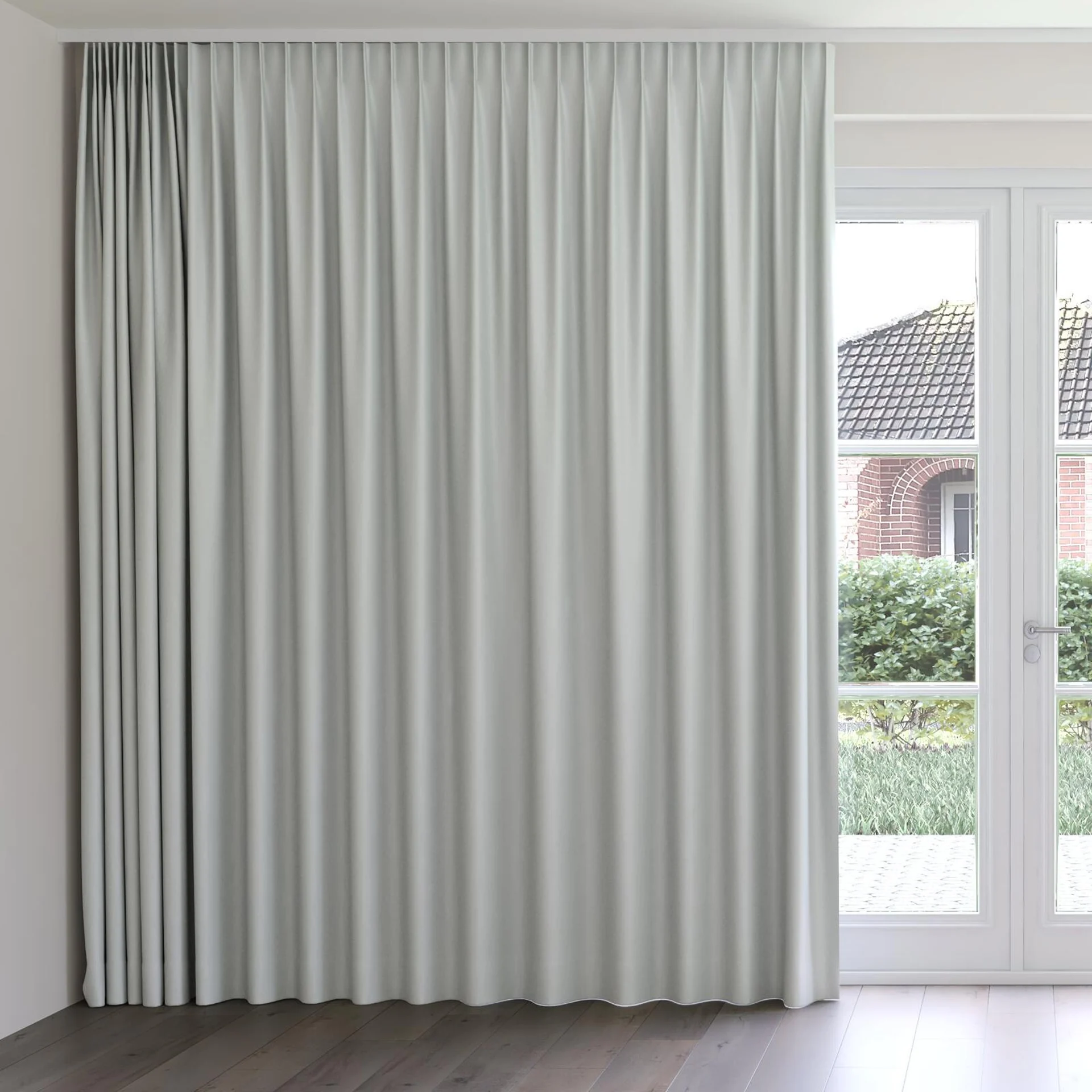Front view of Eternal Duckegg Blue, on curtain rail