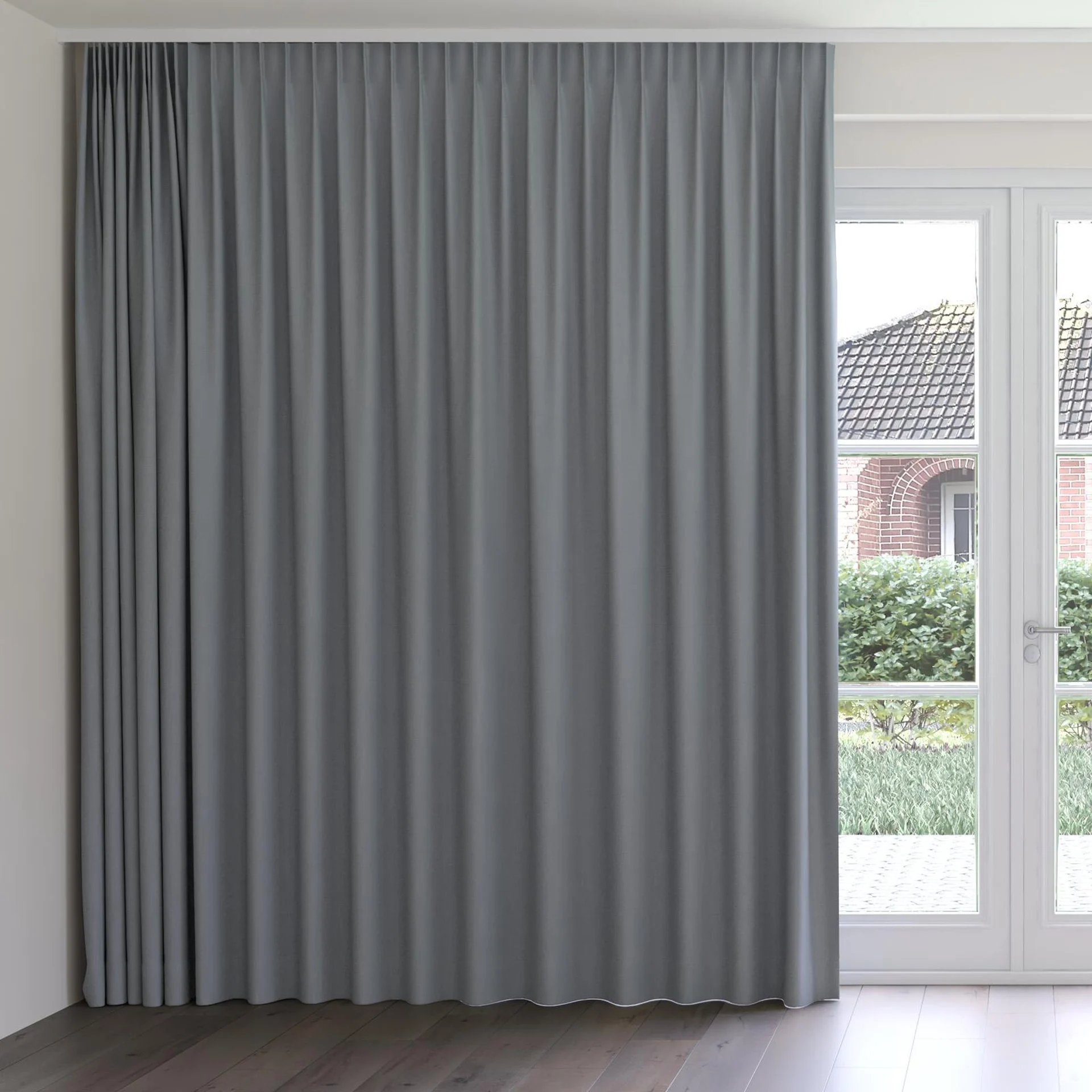 Front view of Darkness Aluminium, on curtain rail
