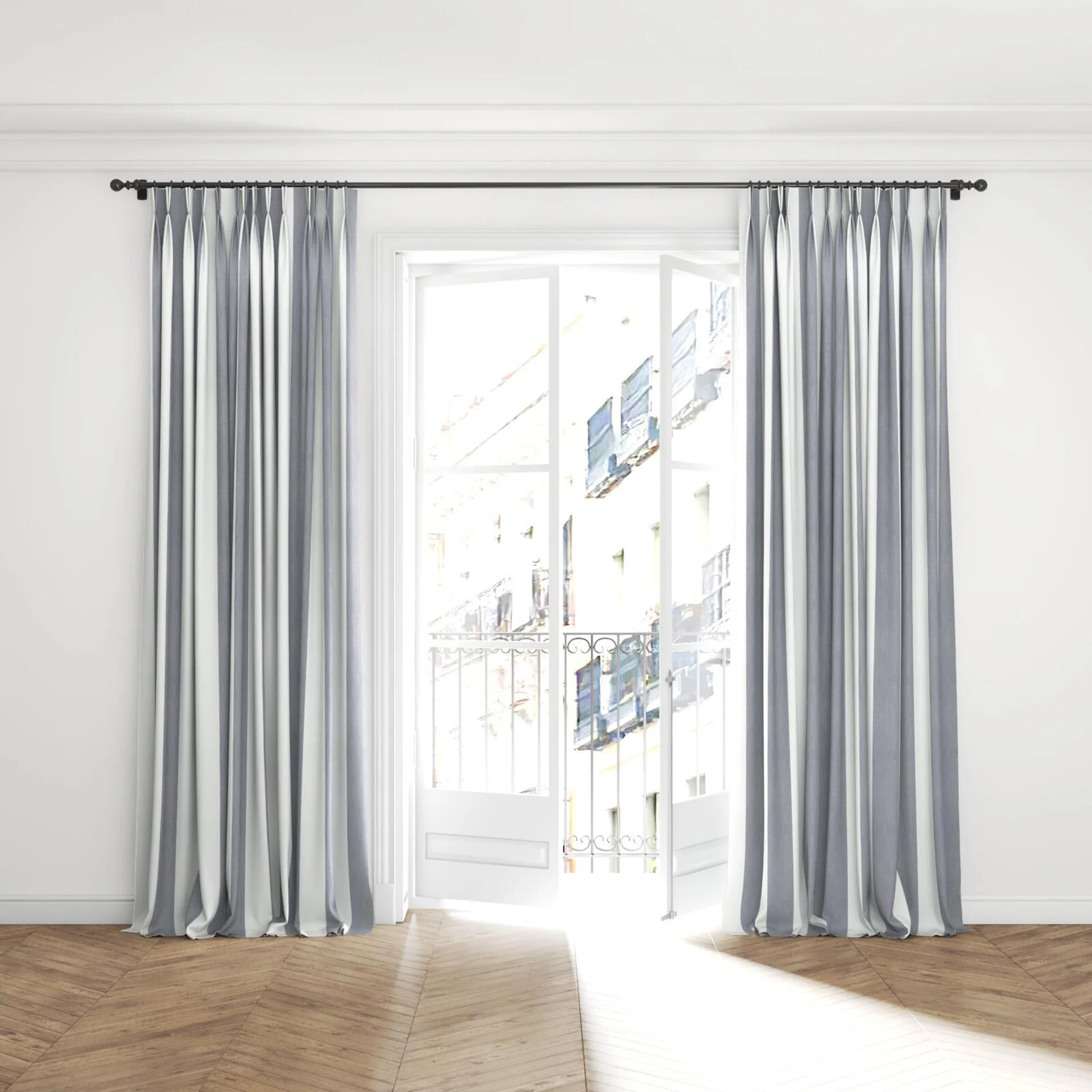 Full view of Chambray Bold Denim, puddled with pinch pleat, on curtain rod