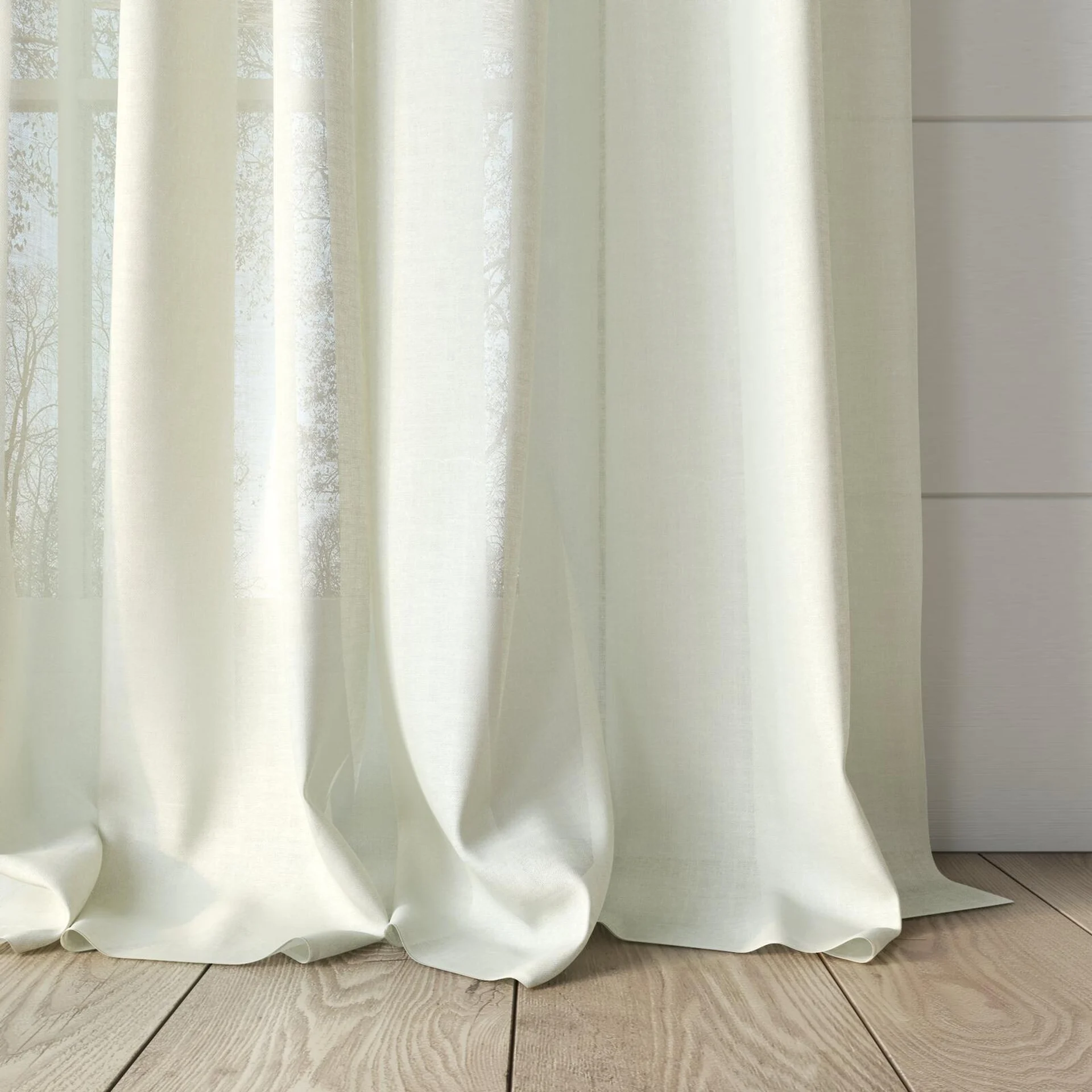 Bottom view of Gossy Cream, puddled, on curtain rod