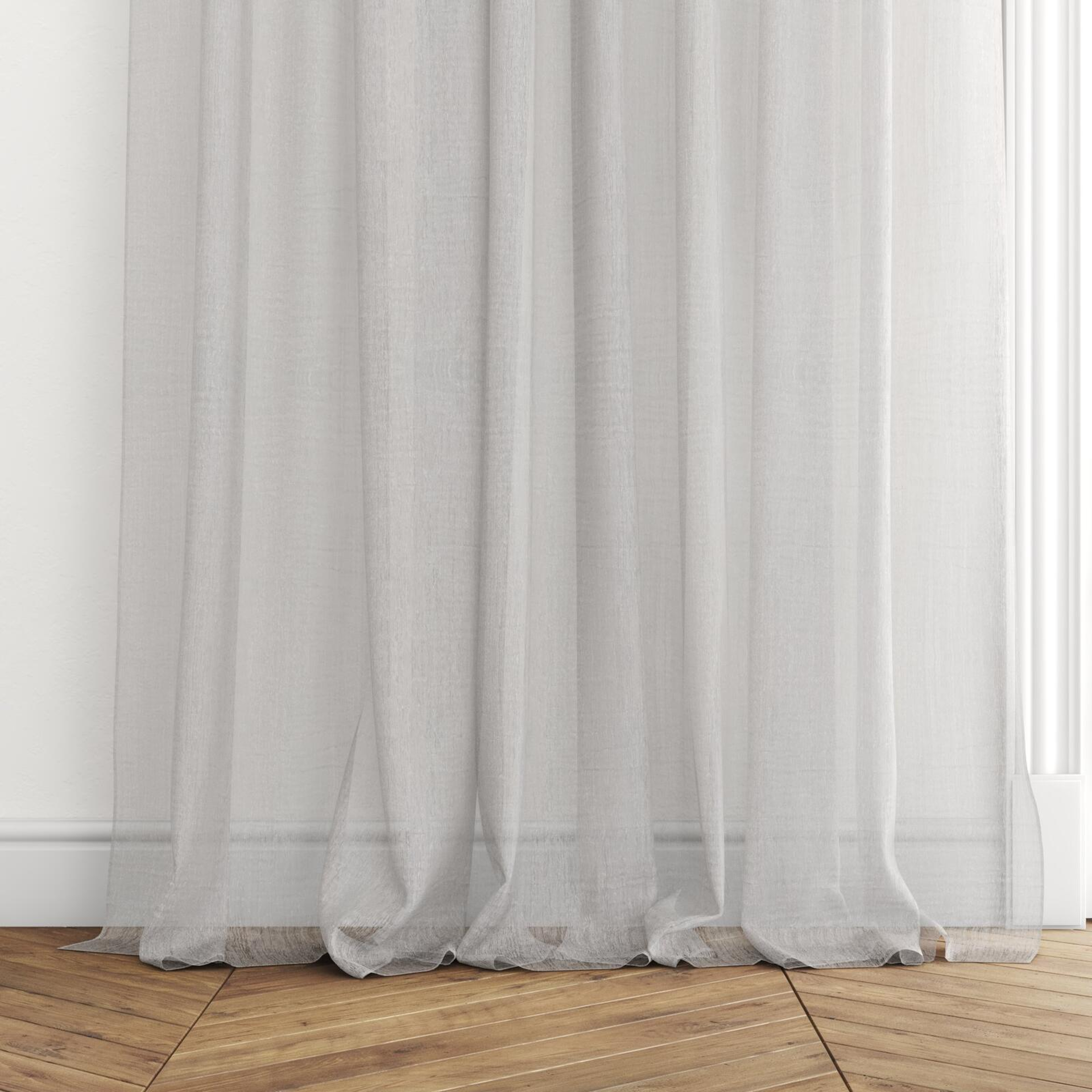 Bottom view of Vapour Dove Grey, puddled with pinch pleat, on curtain rod