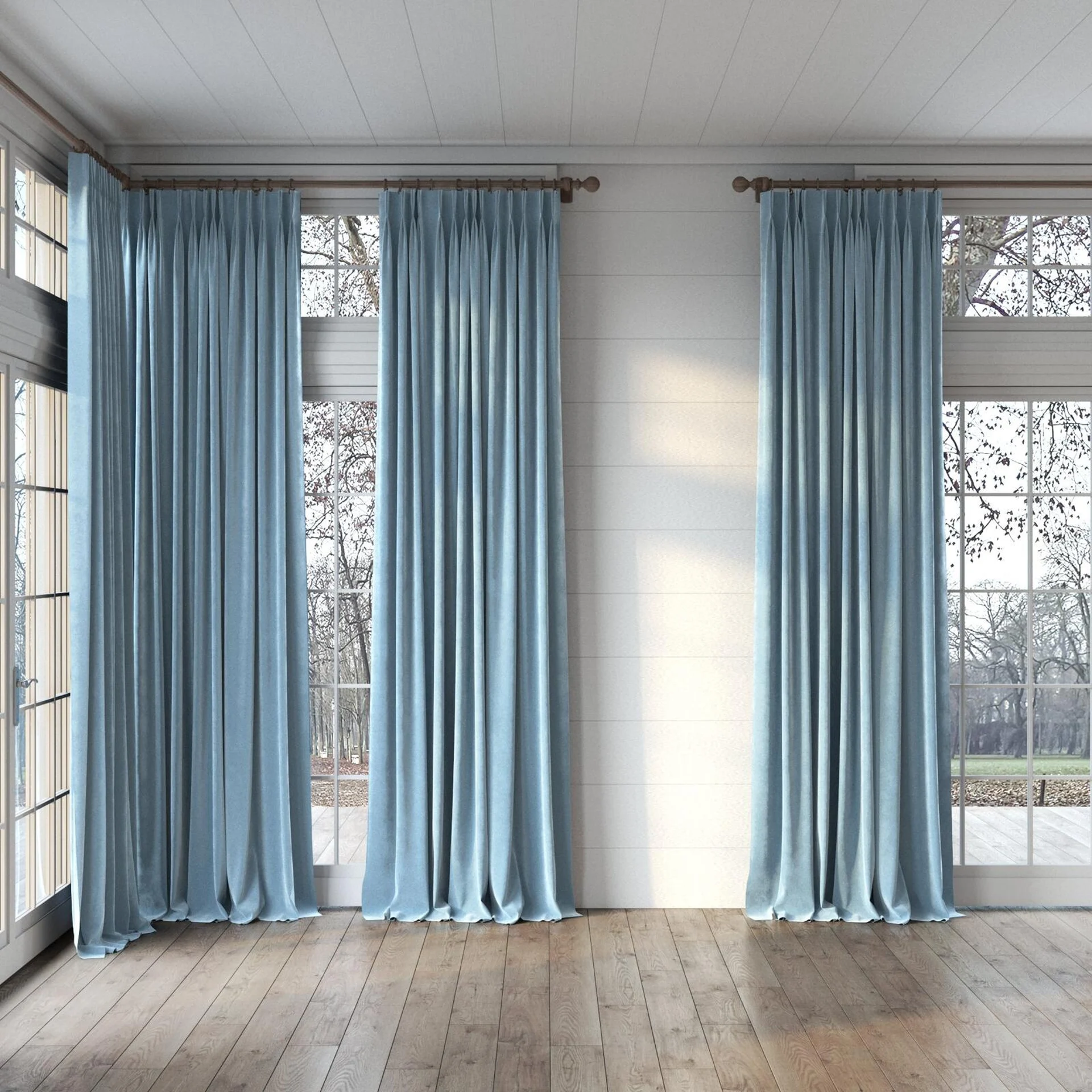 Full view of Lux Velvet Sky 8804, puddled, on curtain rod