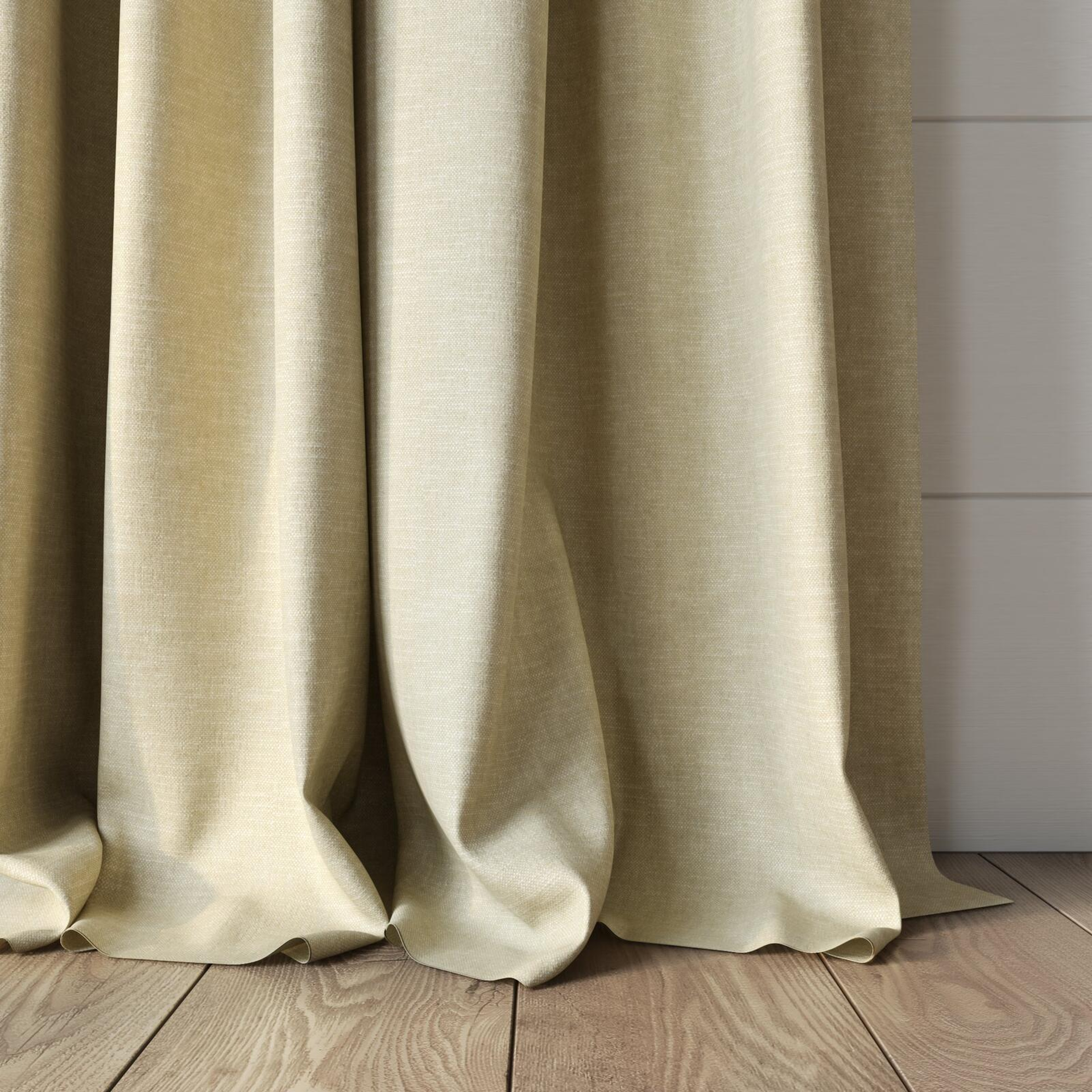 Bottom view of Rover Rattan, puddled, on curtain rod