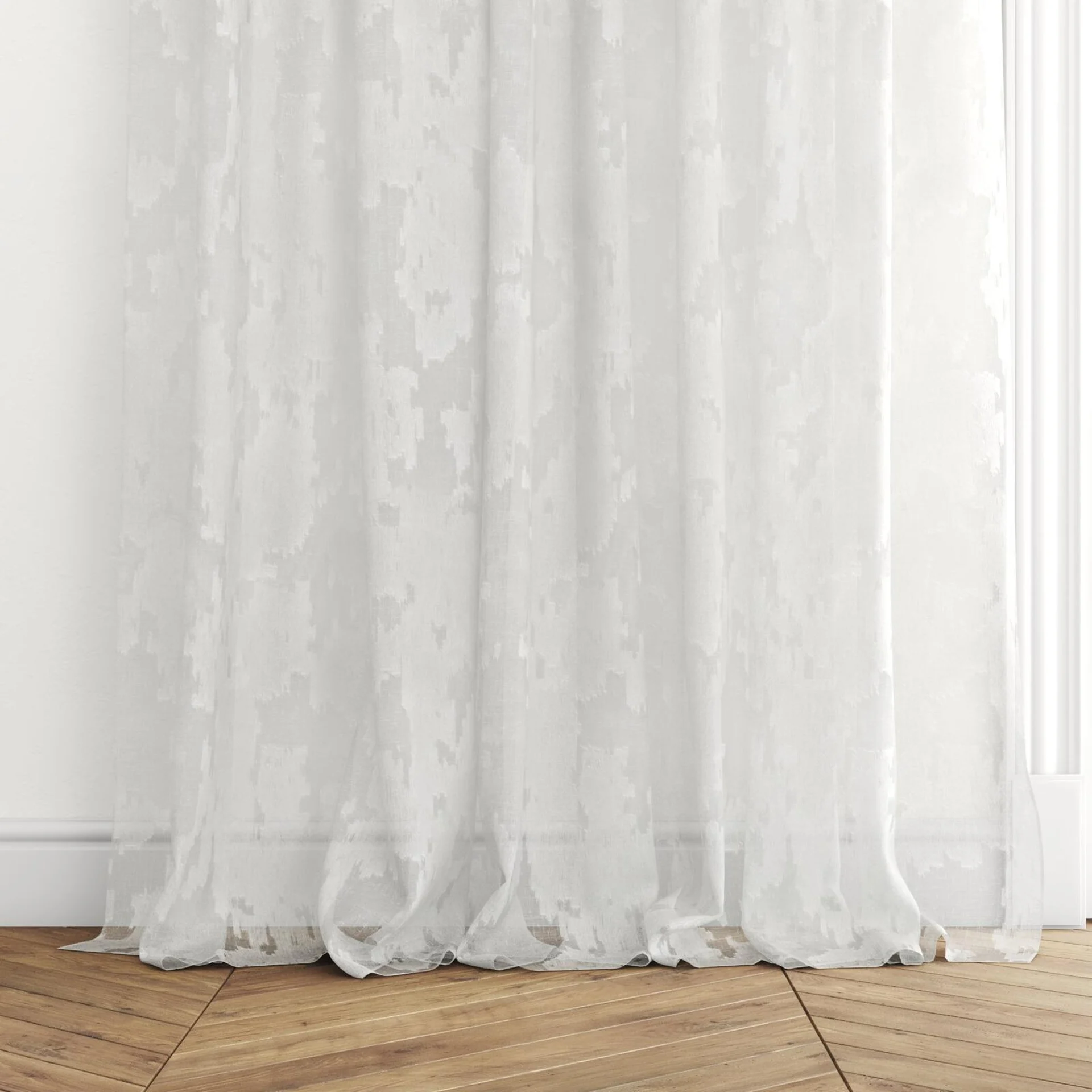Bottom view of Triora Snow, puddled with pinch pleat, on curtain rod