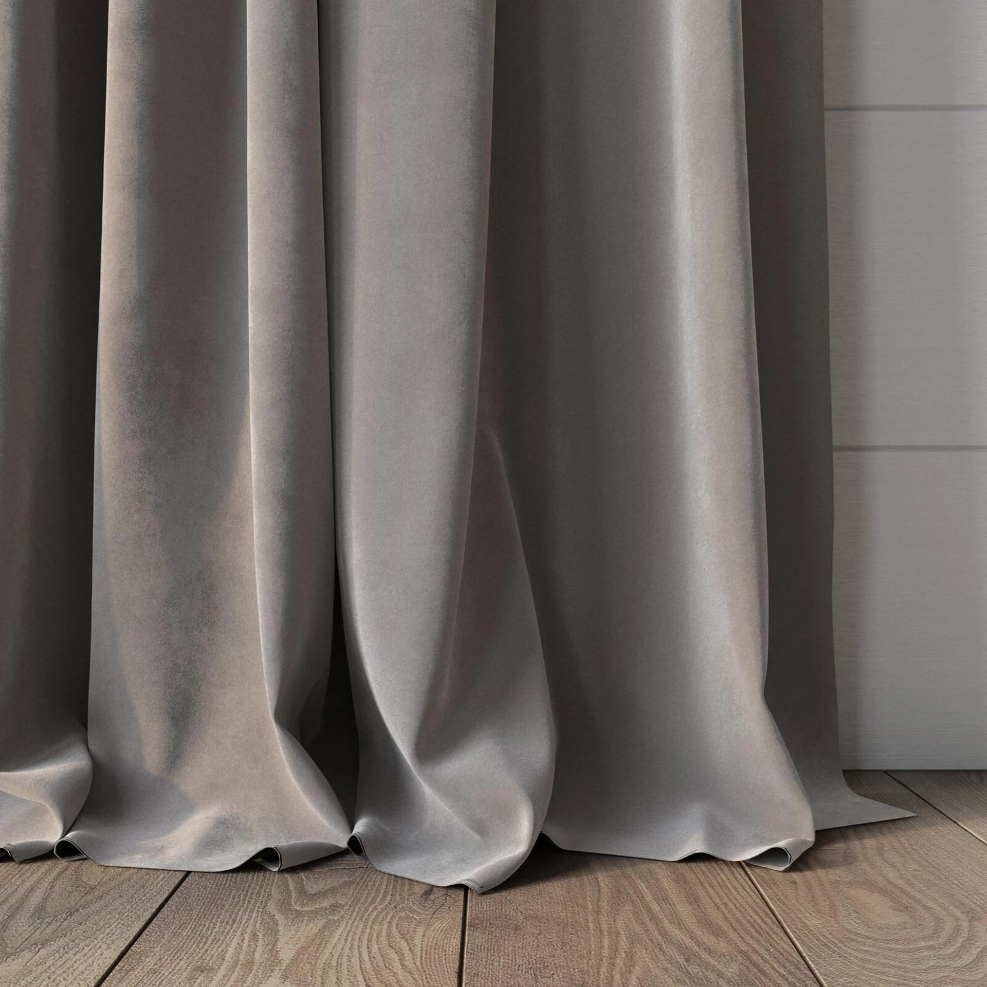Bottom view of Lux Velvet Aluminium 8701, puddled, on curtain rod