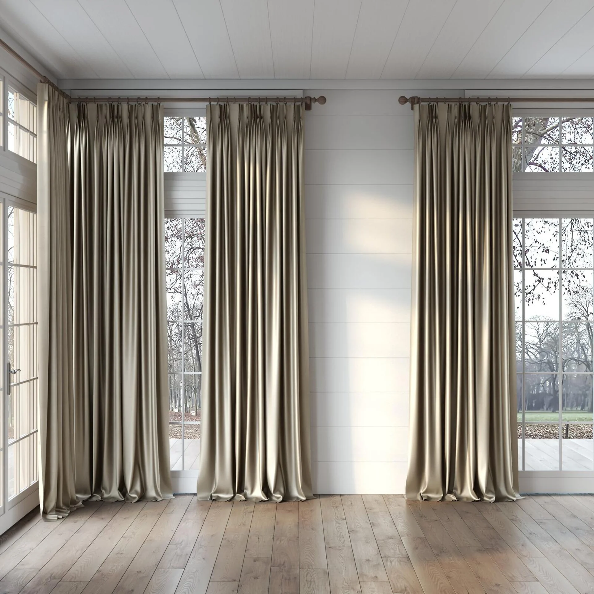 Full view of Mont Blanc Taupe, puddled, on curtain rod
