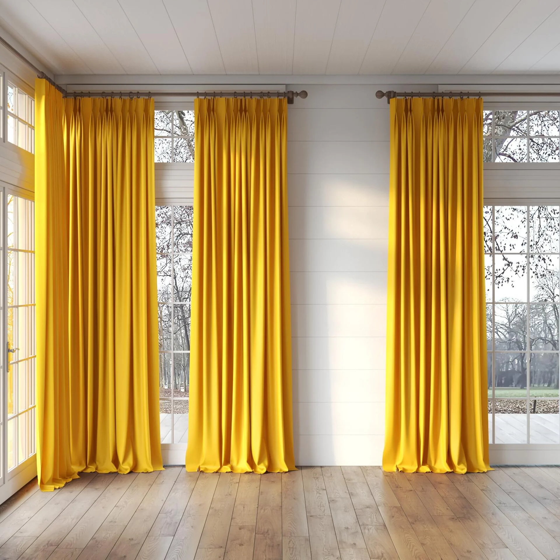 Full view of Ultra Dim Honey, puddled, on curtain rod