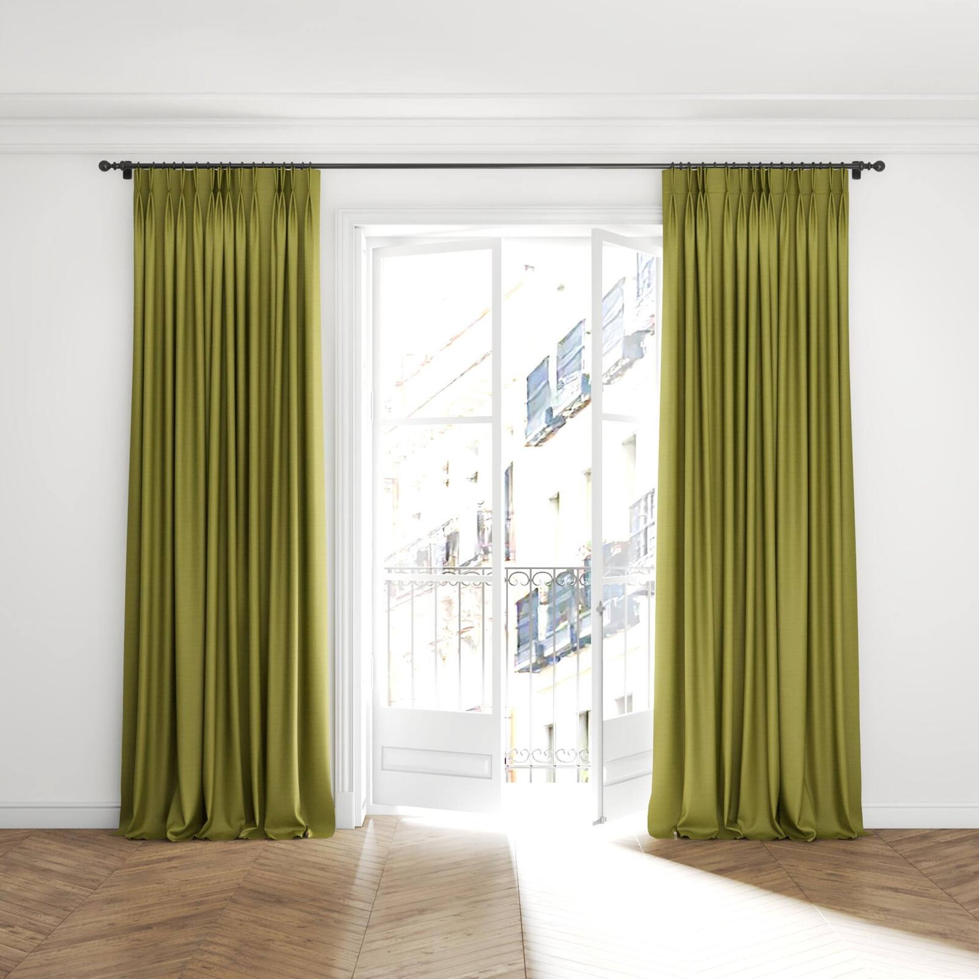 Full view of Linex Pesto, puddled with pinch pleat, on curtain rod