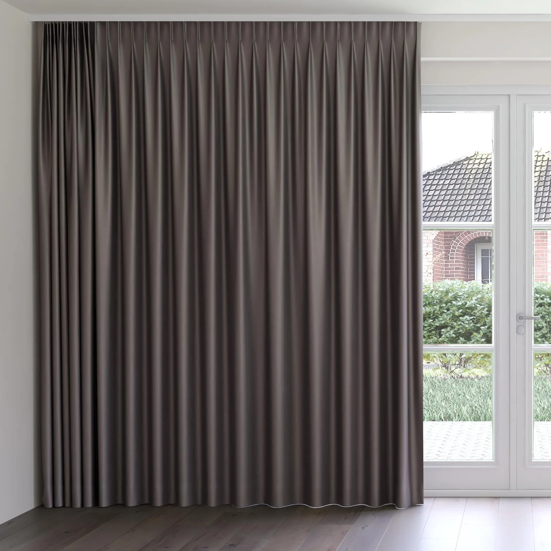 Front view of Stallion 2 Blackout Flint, on curtain rail