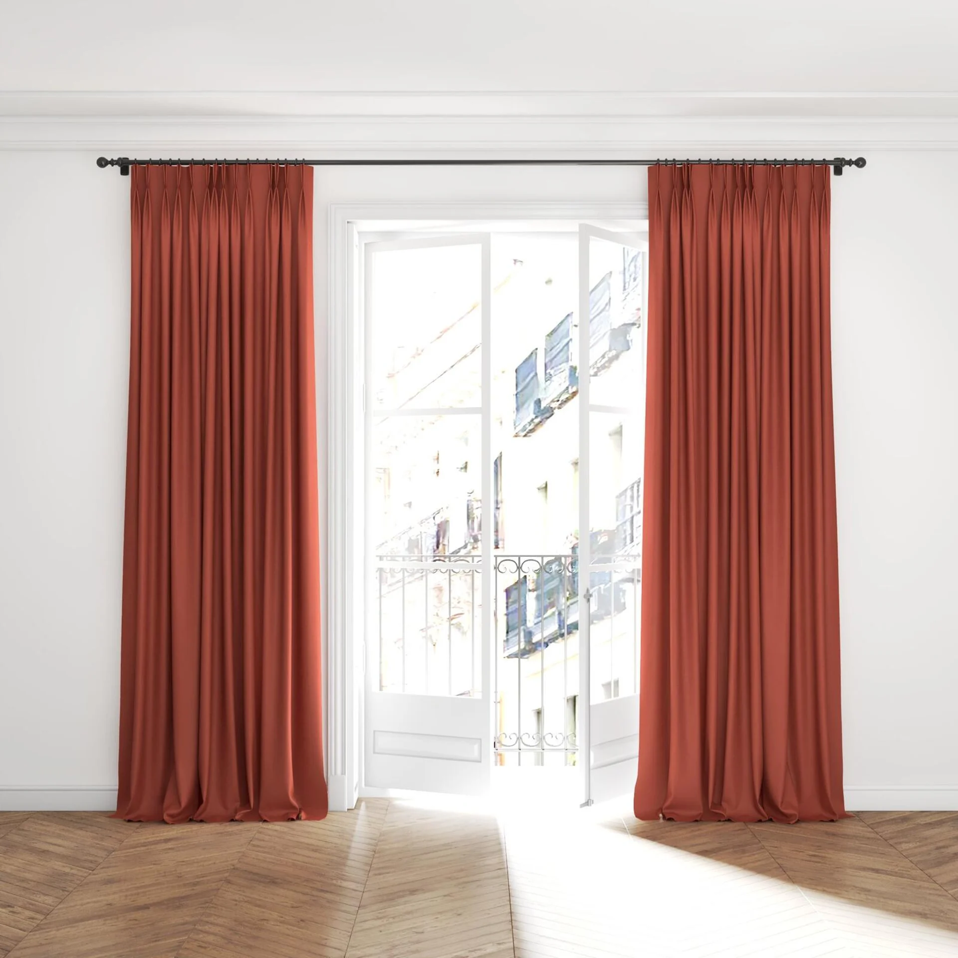 Full view of Colourwash Eco Chili, puddled with pinch pleat, on curtain rod
