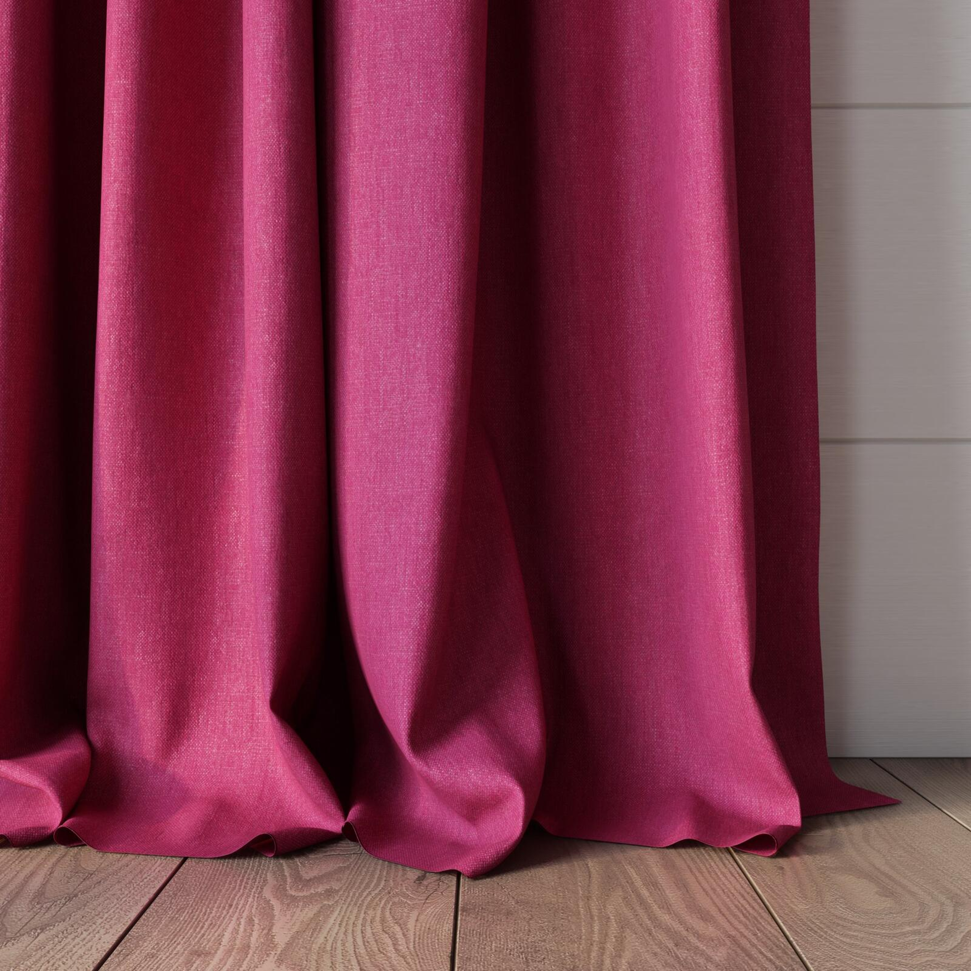 Bottom view of Rover Magenta, puddled, on curtain rod