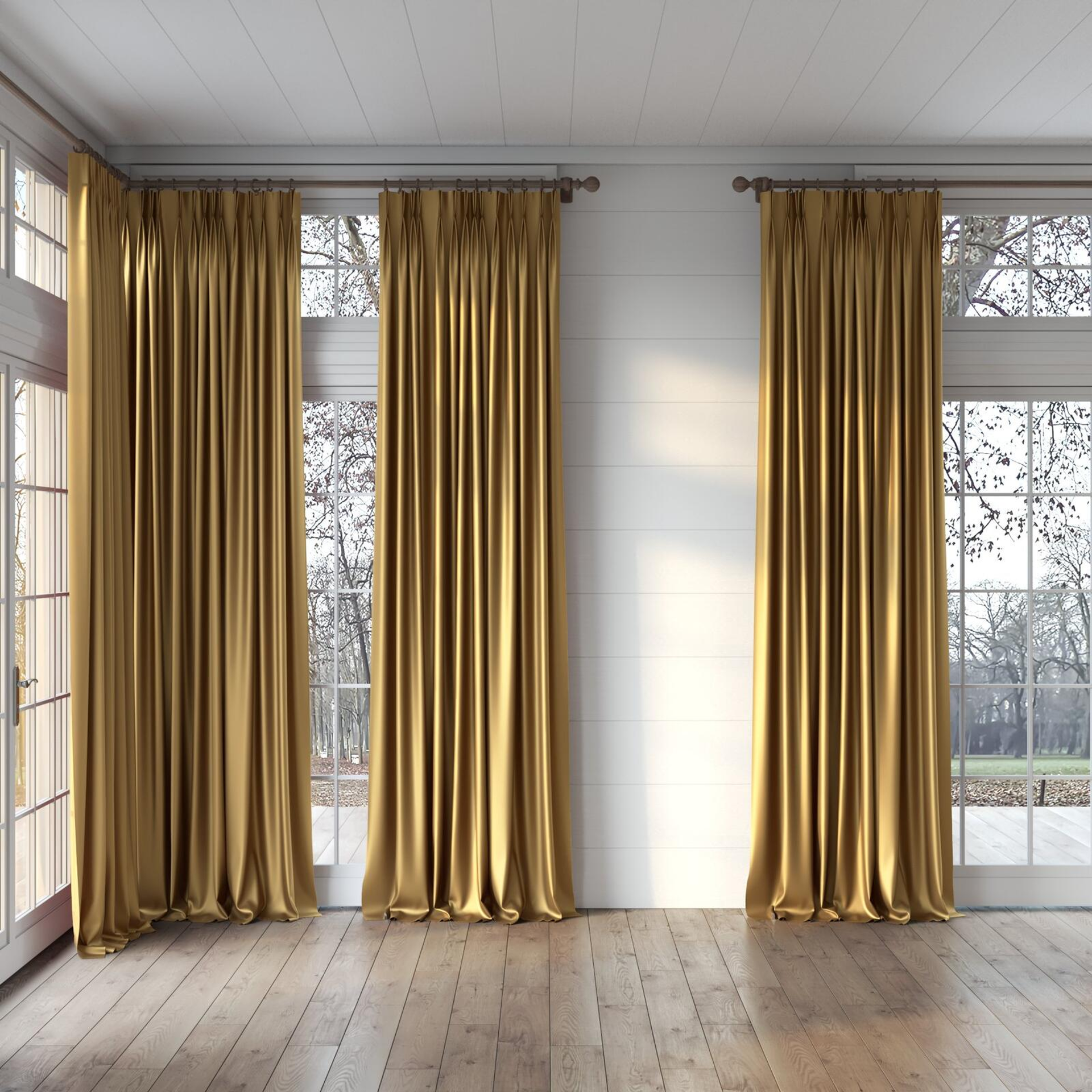Full view of North Face Mimosa, puddled, on curtain rod