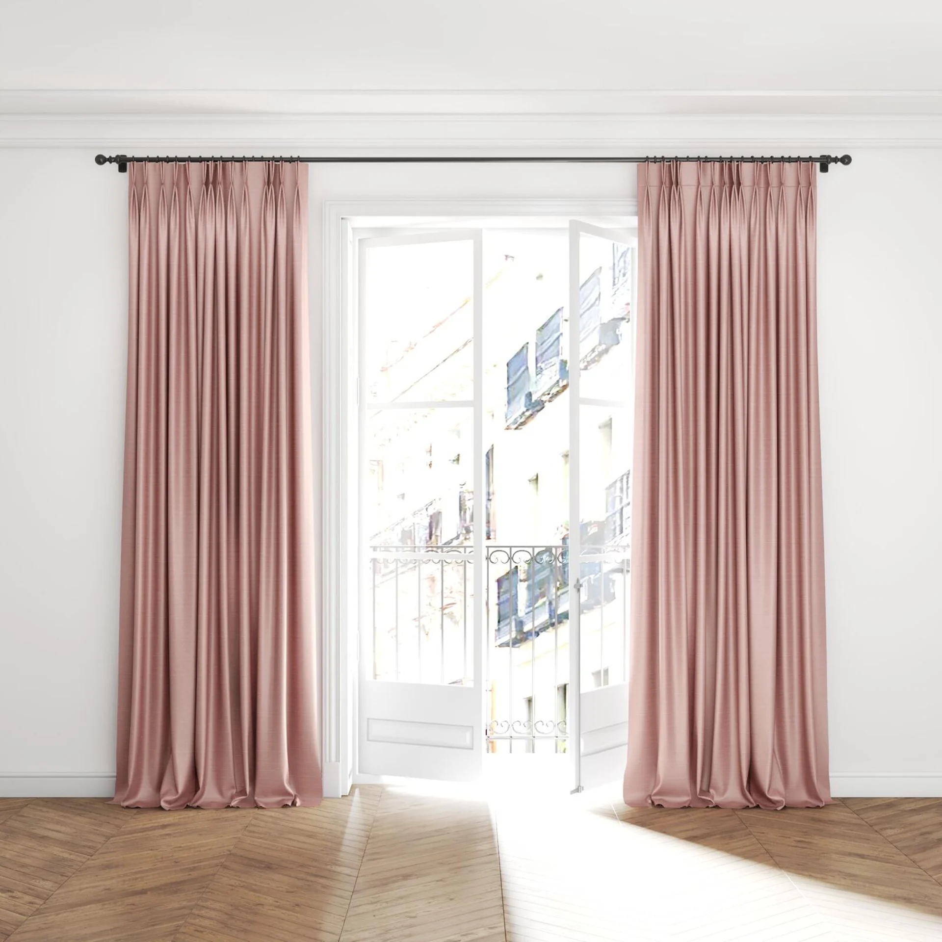 Full view of Silky Blossom, puddled with pinch pleat, on curtain rod