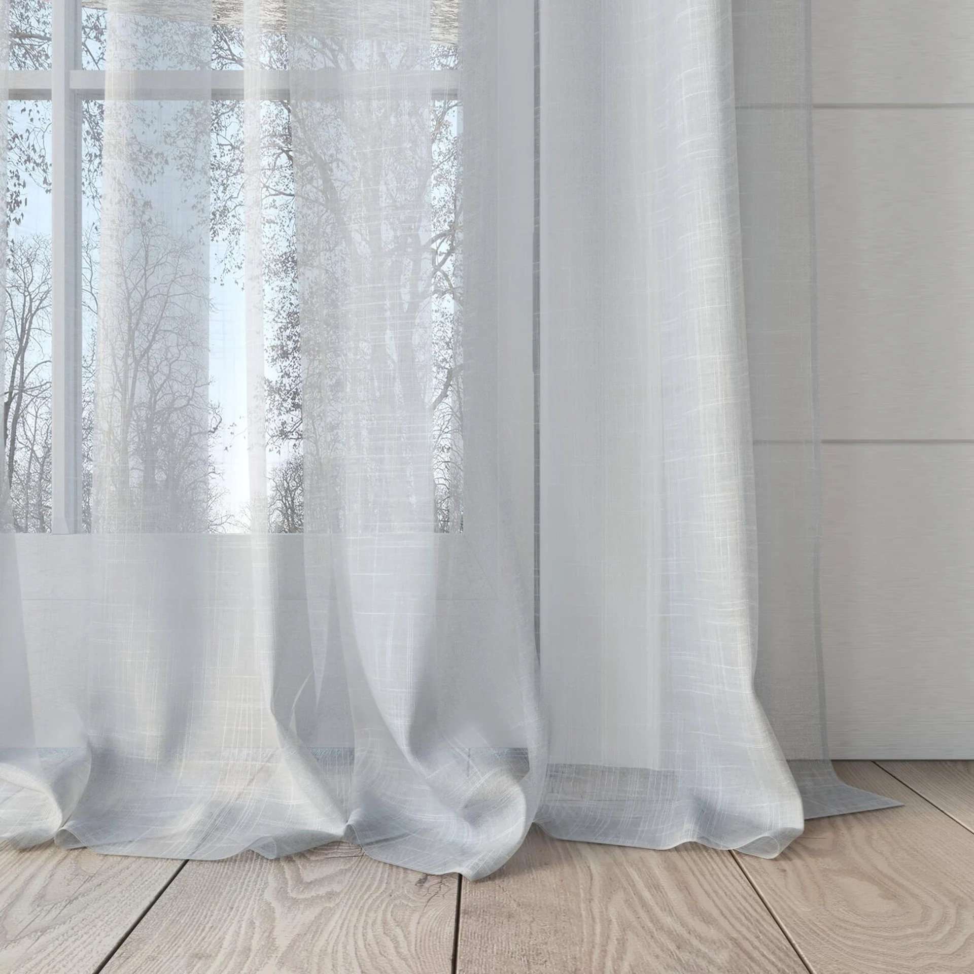 Bottom view of Attica Arctic, puddled, on curtain rod