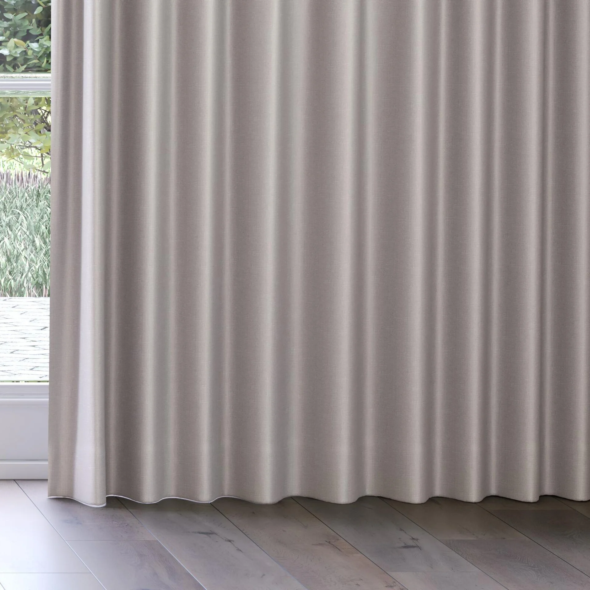 Bottom view of Stallion 2 Blackout Linen, on curtain rail