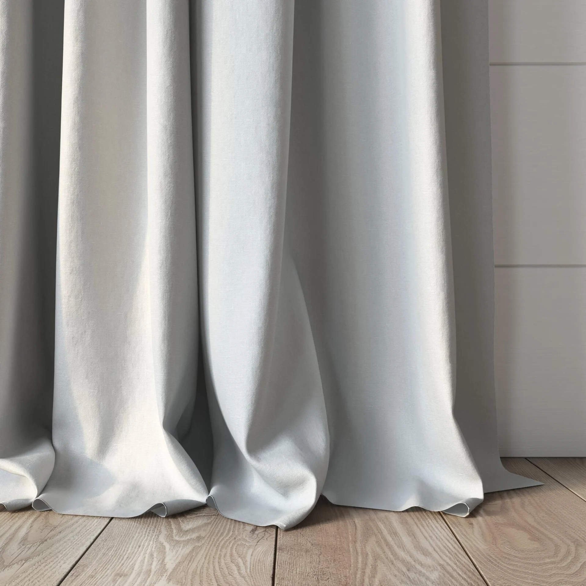 Bottom view of Eternal Blanc, puddled, on curtain rod