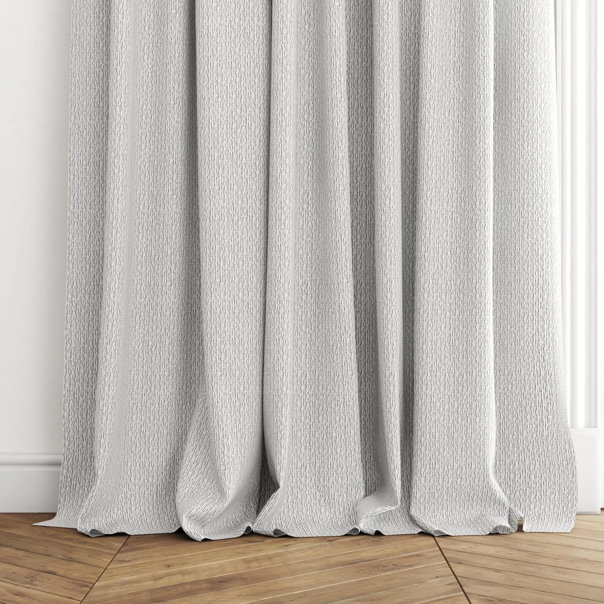 Bottom view of Semblance Oyster, puddled with pinch pleat, on curtain rod