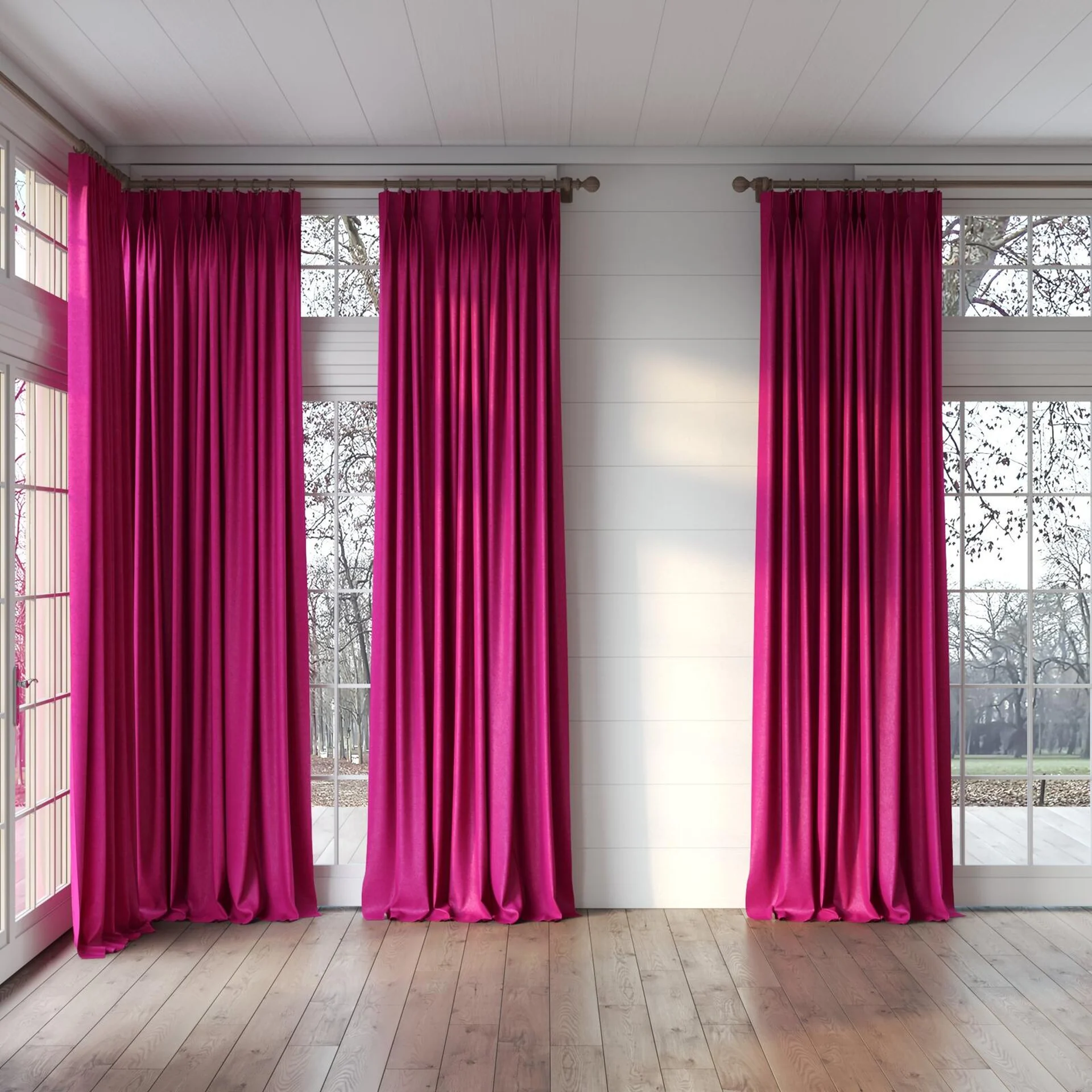Full view of Drama Fuchsia, puddled, on curtain rod