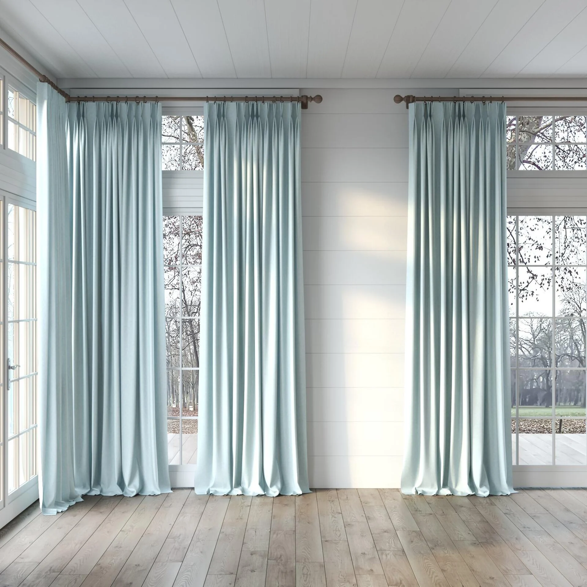 Full view of Hometown Aqua, puddled, on curtain rod