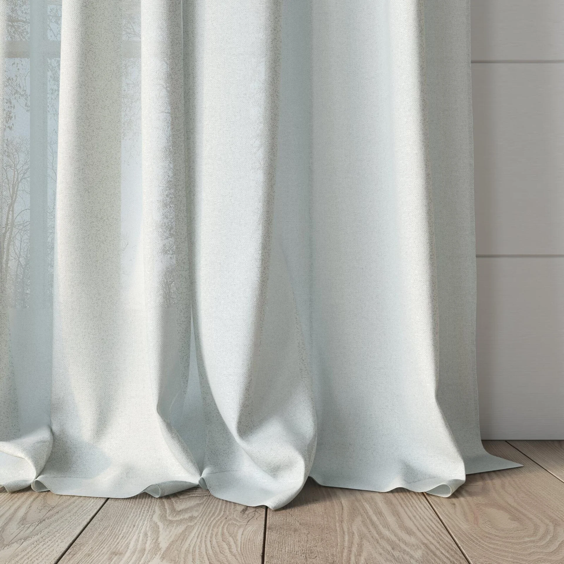 Bottom view of Rava Swan, puddled, on curtain rod