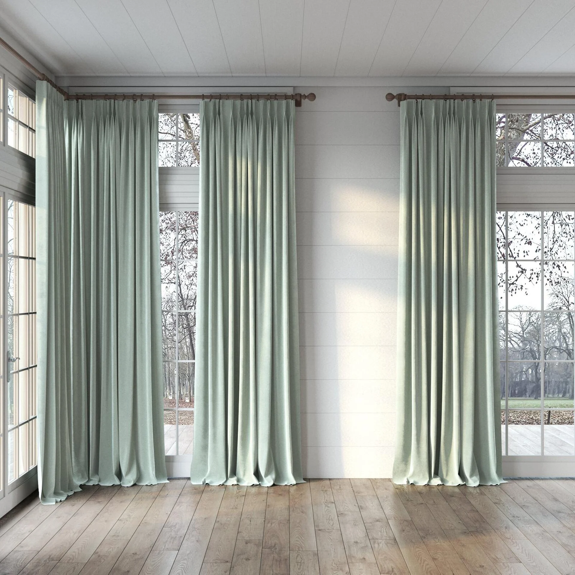Full view of Moon Aqua, puddled, on curtain rod