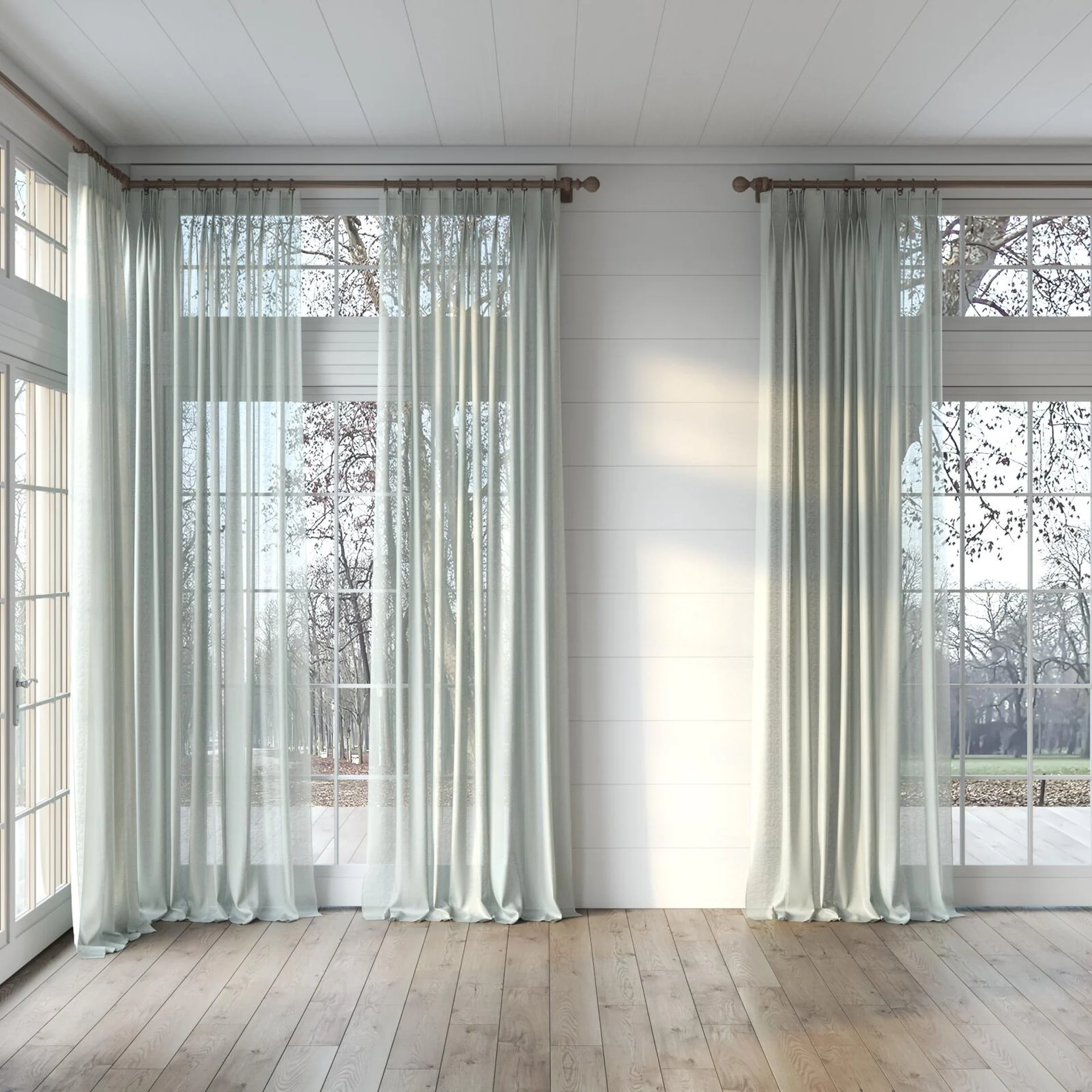 Full view of Kanso Stonewash Willow, puddled, on curtain rod