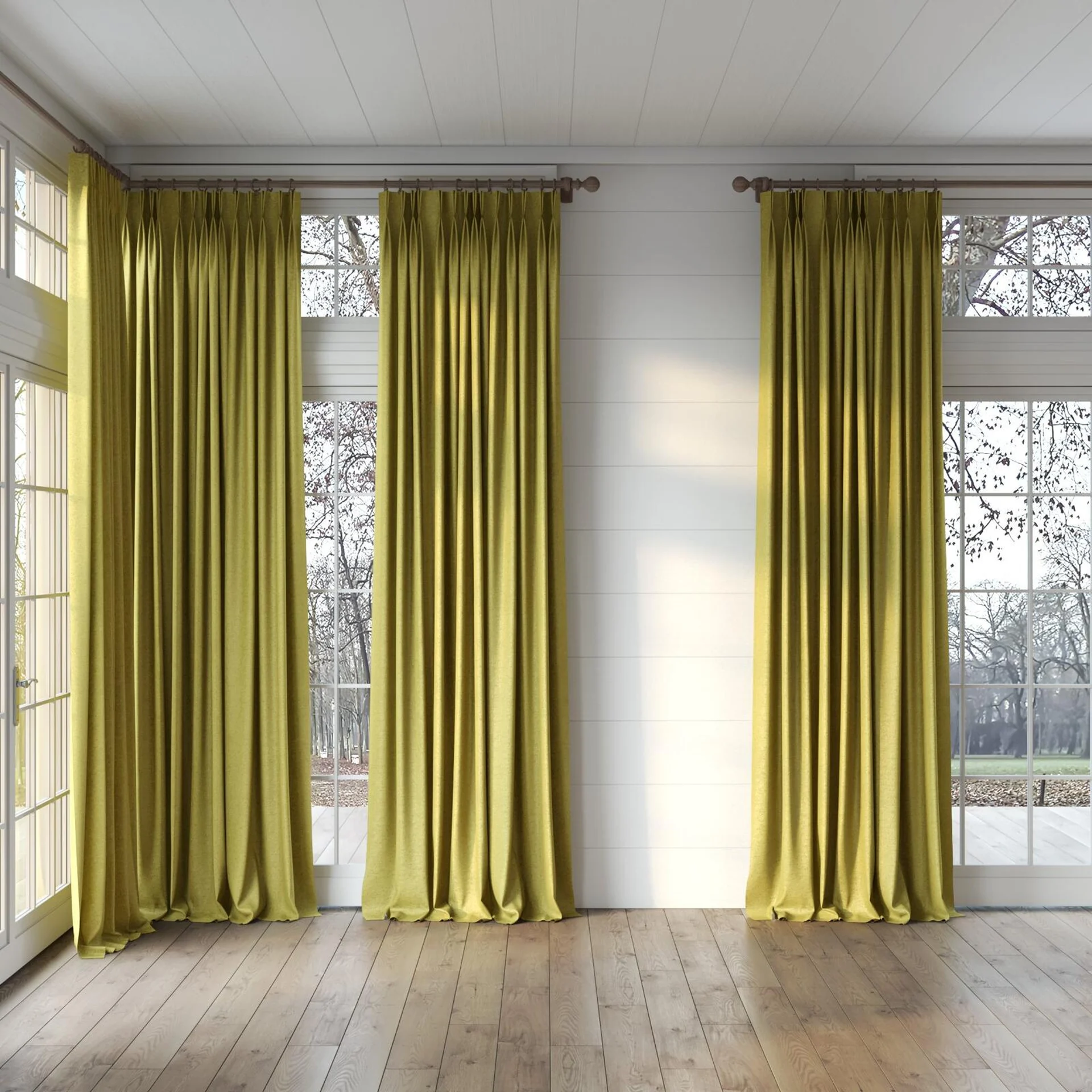 Full view of Monsieur Olive, puddled, on curtain rod