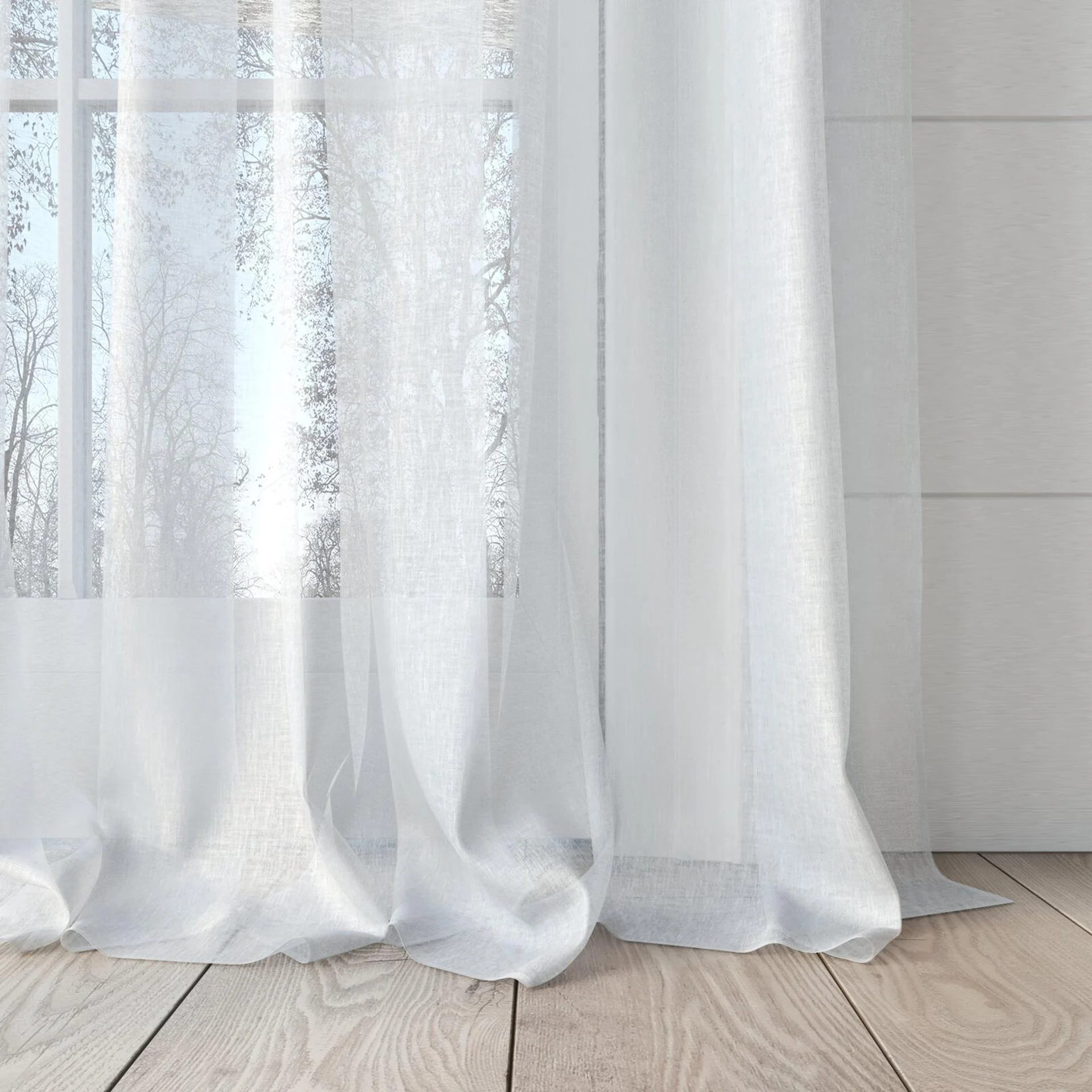 Bottom view of Beauvoir Ivory, puddled, on curtain rod