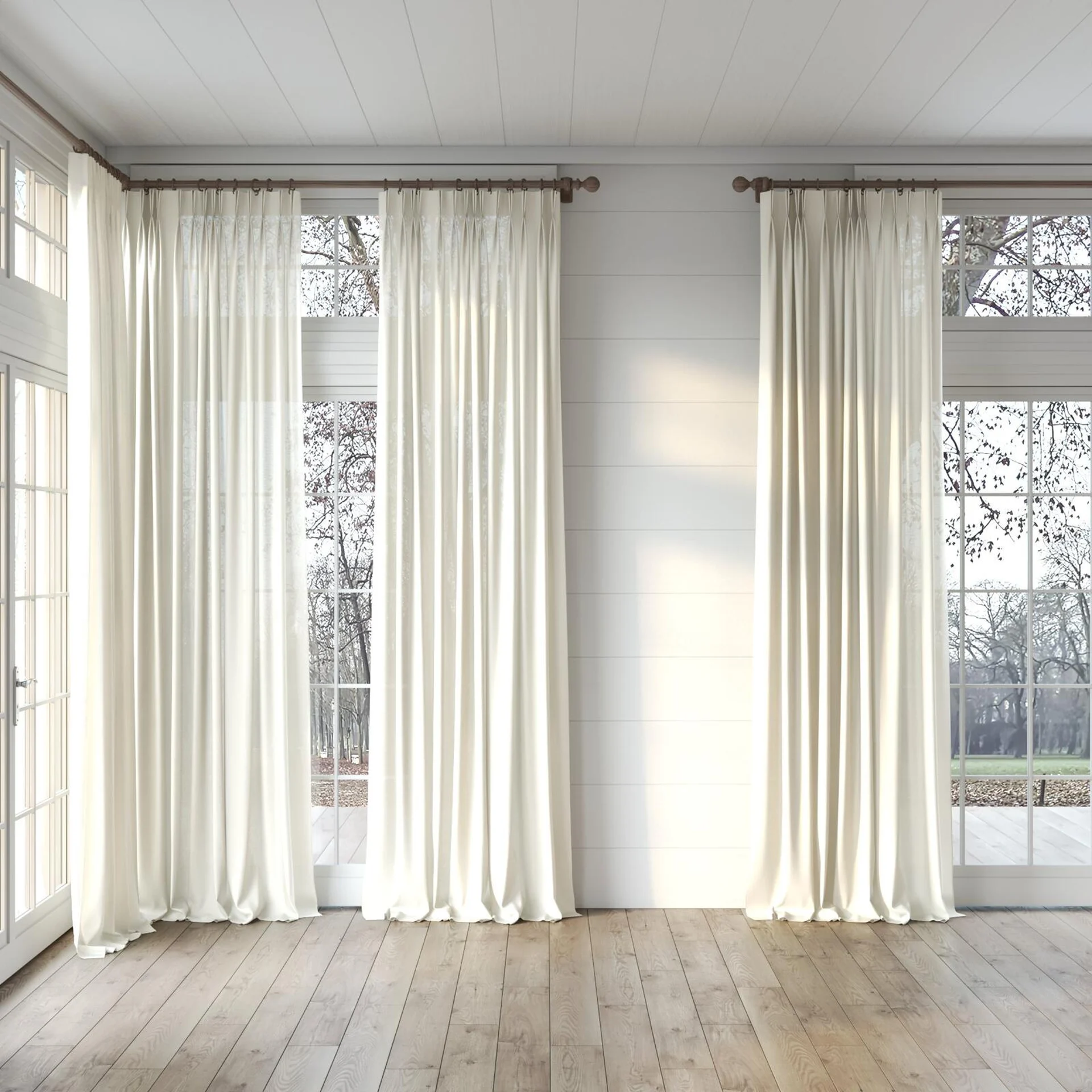 Full view of Kite Beige, puddled, on curtain rod