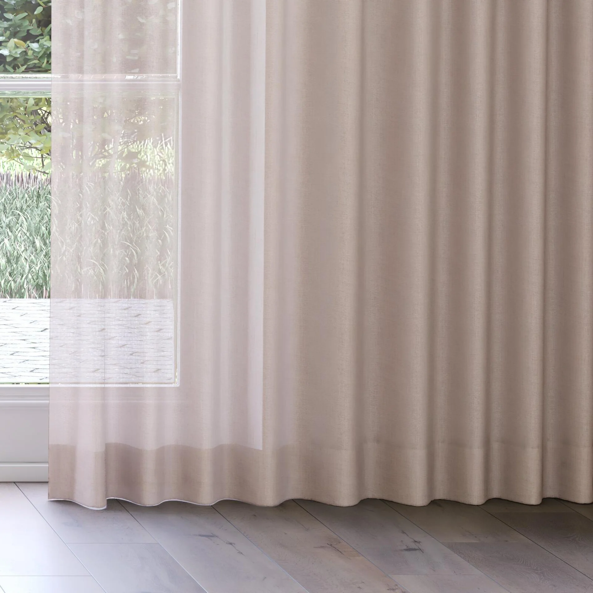 Bottom view of Antipodes Blush, on curtain rail