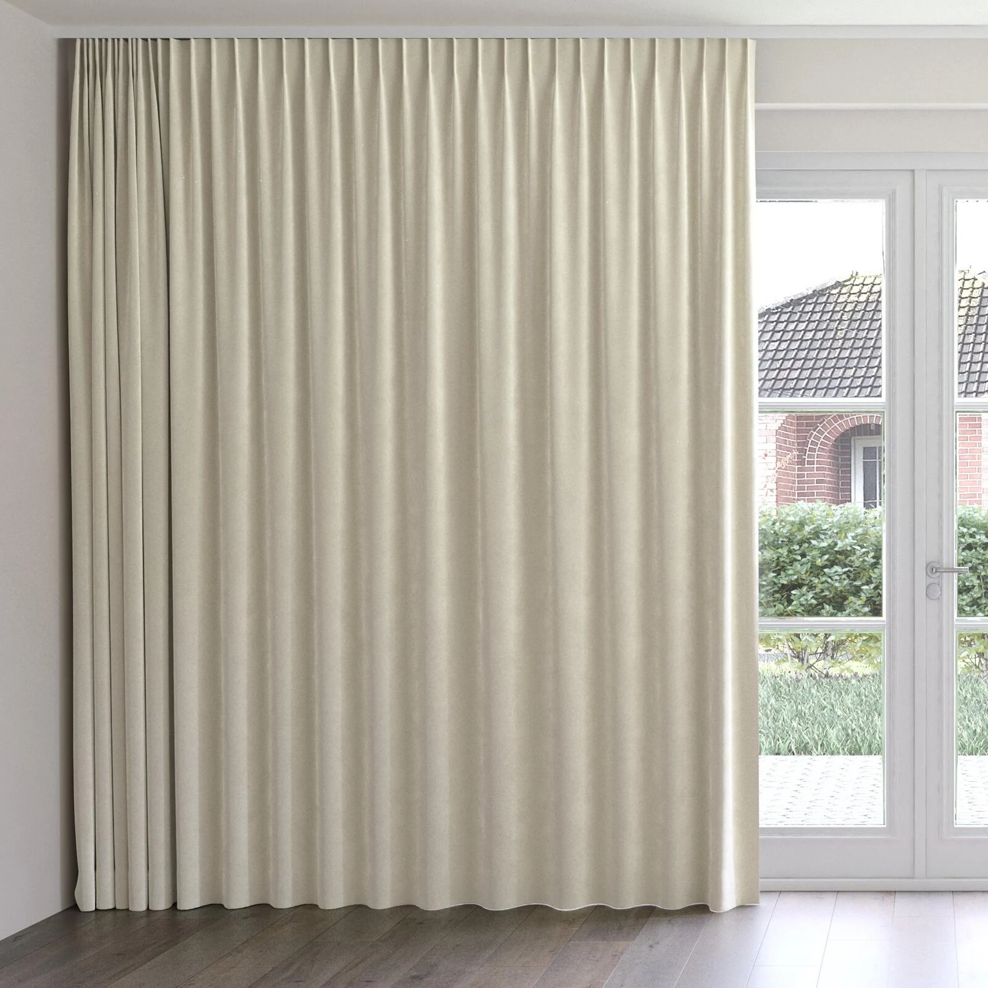 Front view of Velvelux Papyrus, on curtain rail