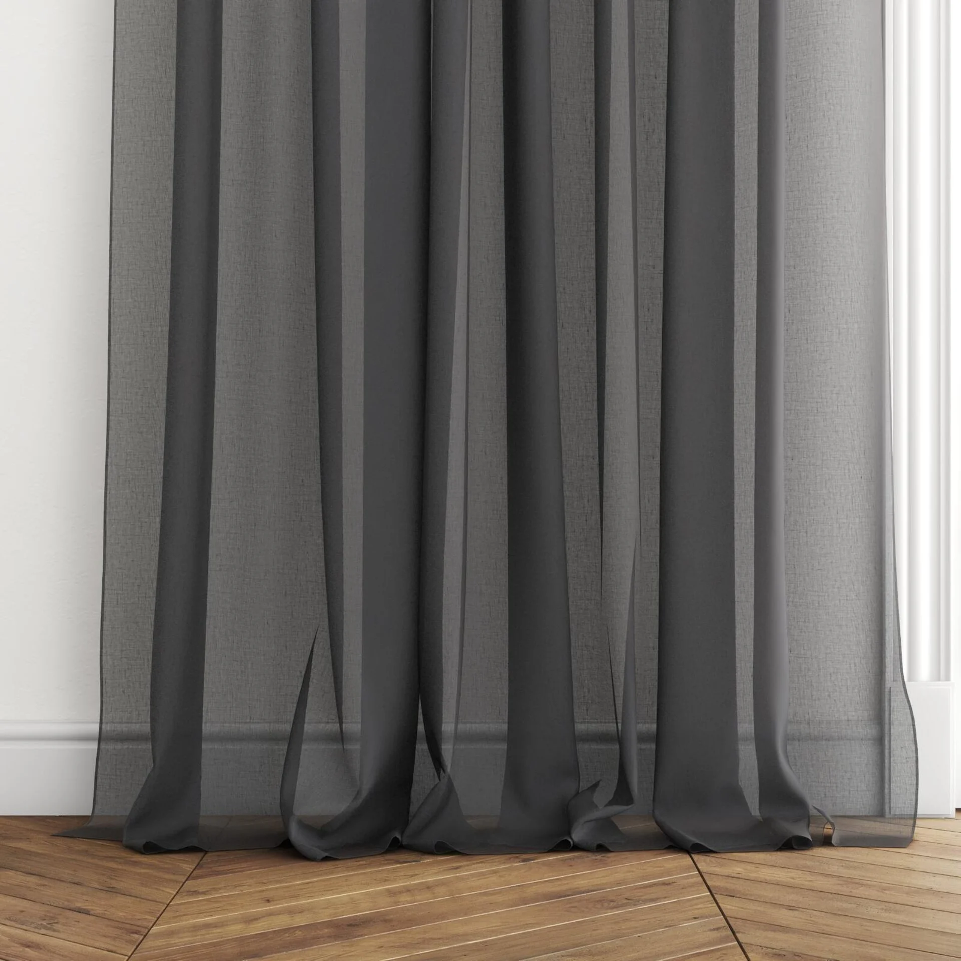 Bottom view of Cavalier Ink, puddled with pinch pleat, on curtain rod