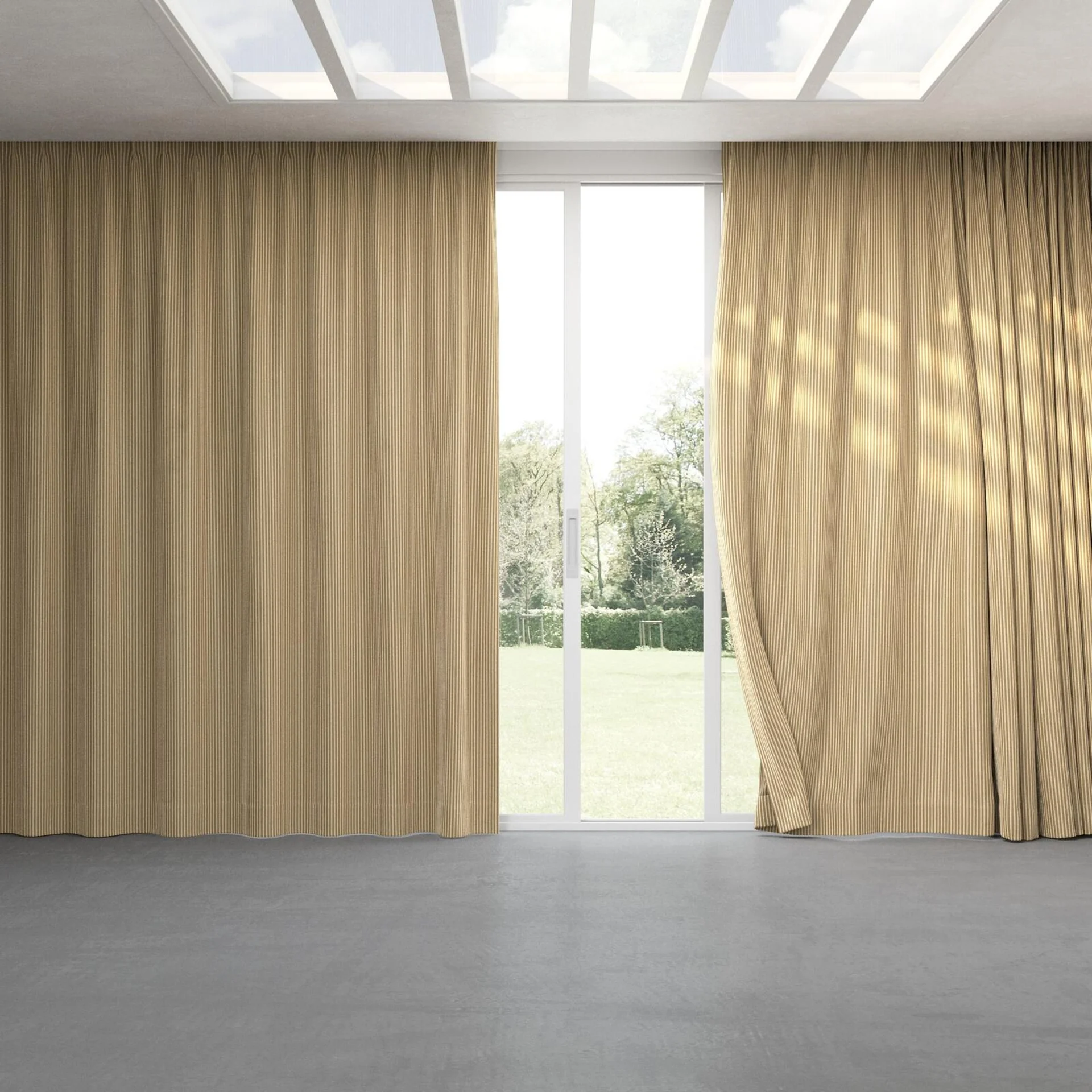 Full view of Embrace Biscoff, pinch pleat