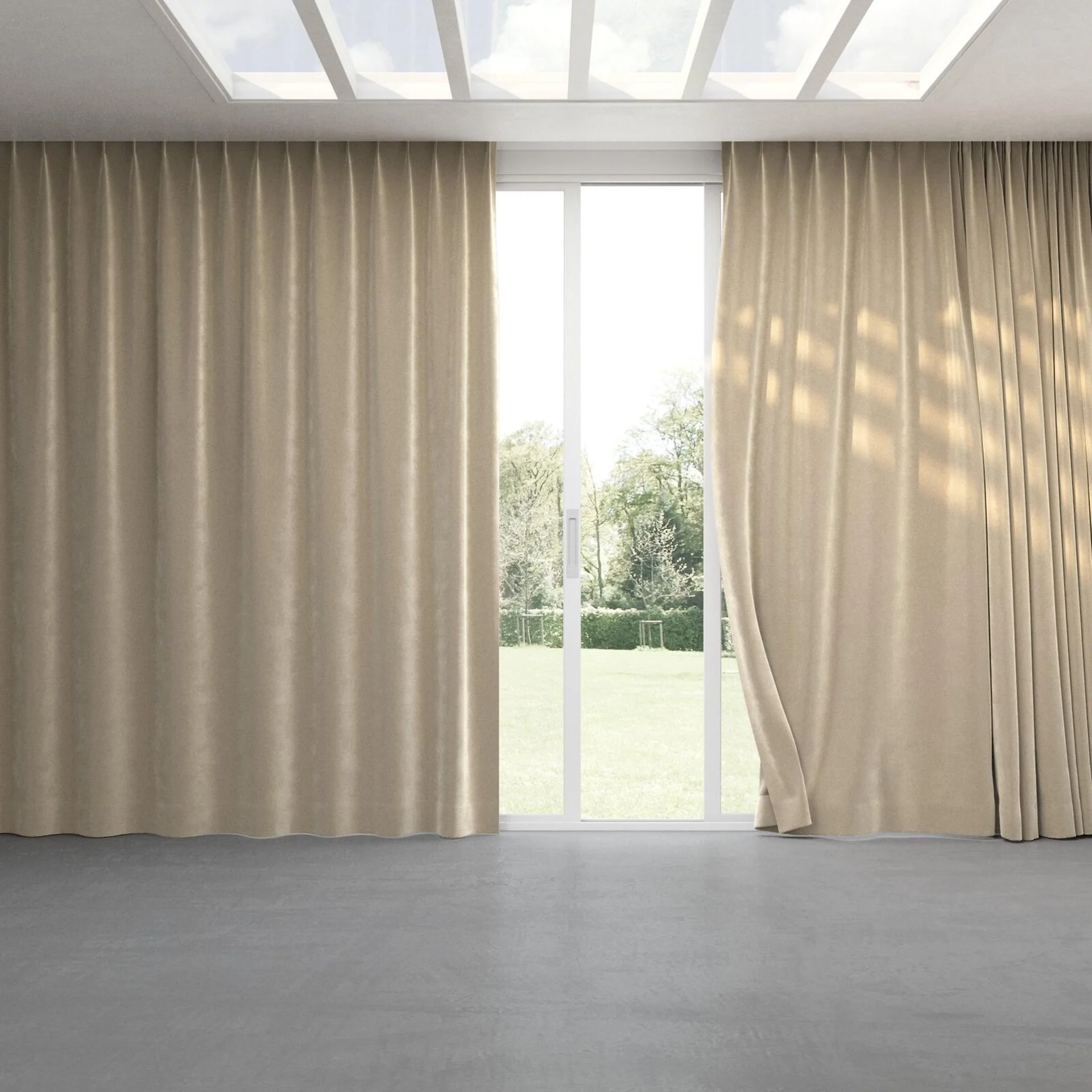 Full view of Velvelux Dune, pinch pleat