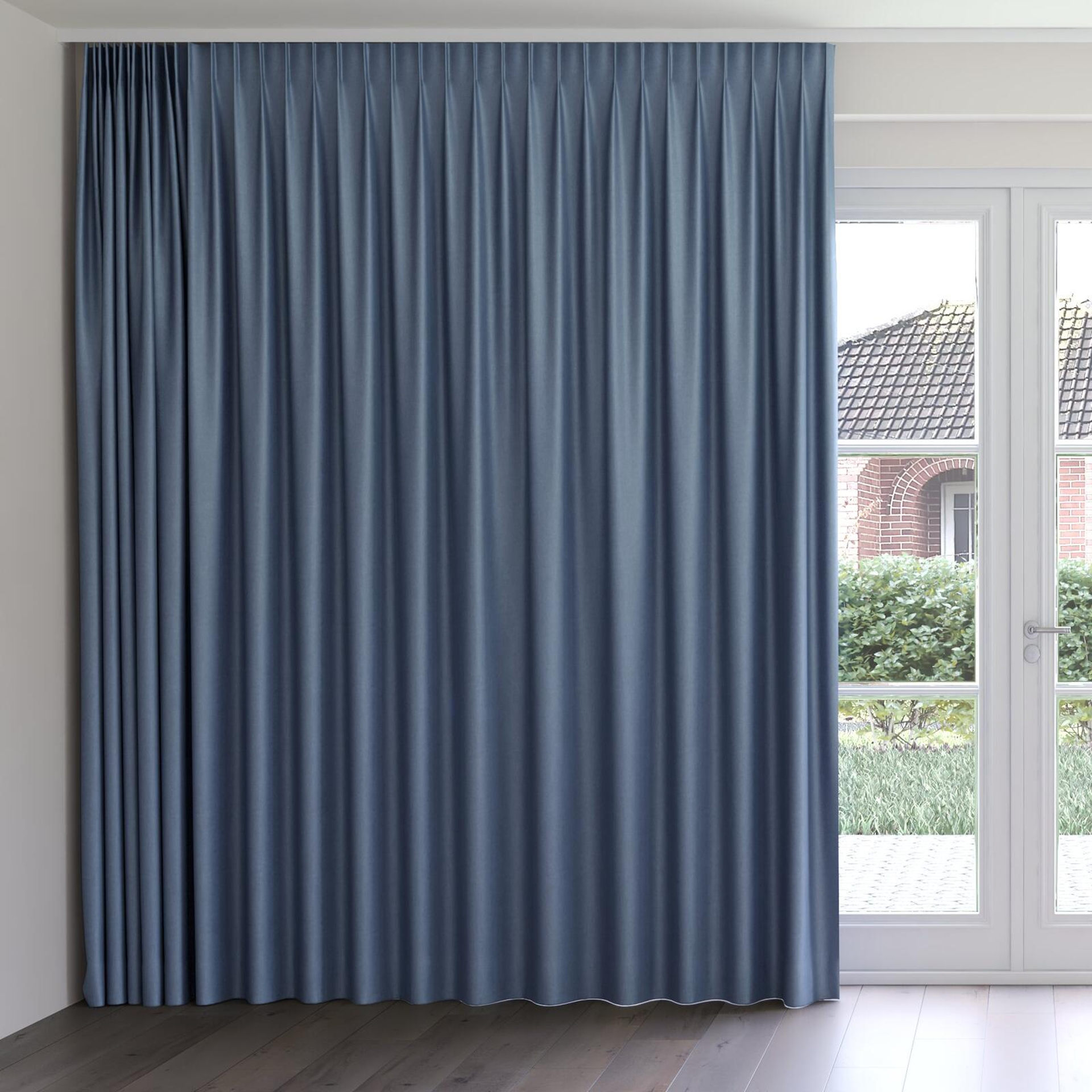 Front view of Fiji Denim, on curtain rail