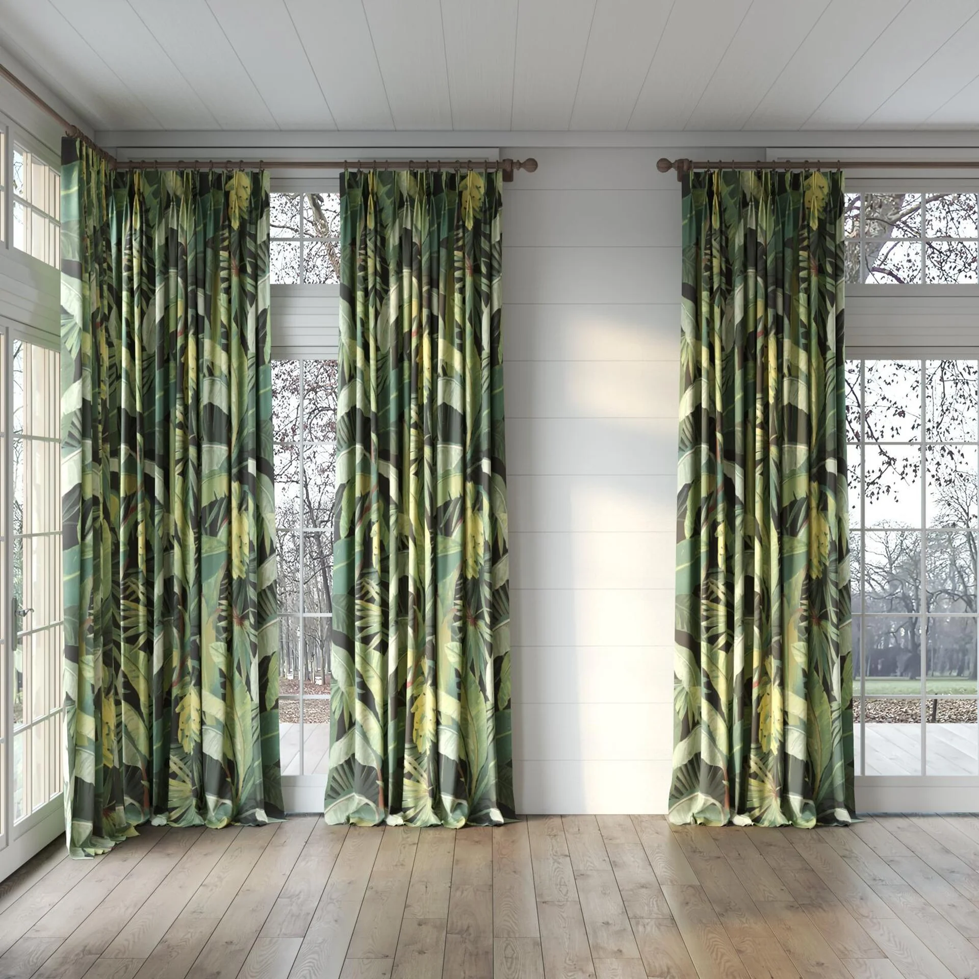 Full view of La Palma Midnight, puddled, on curtain rod