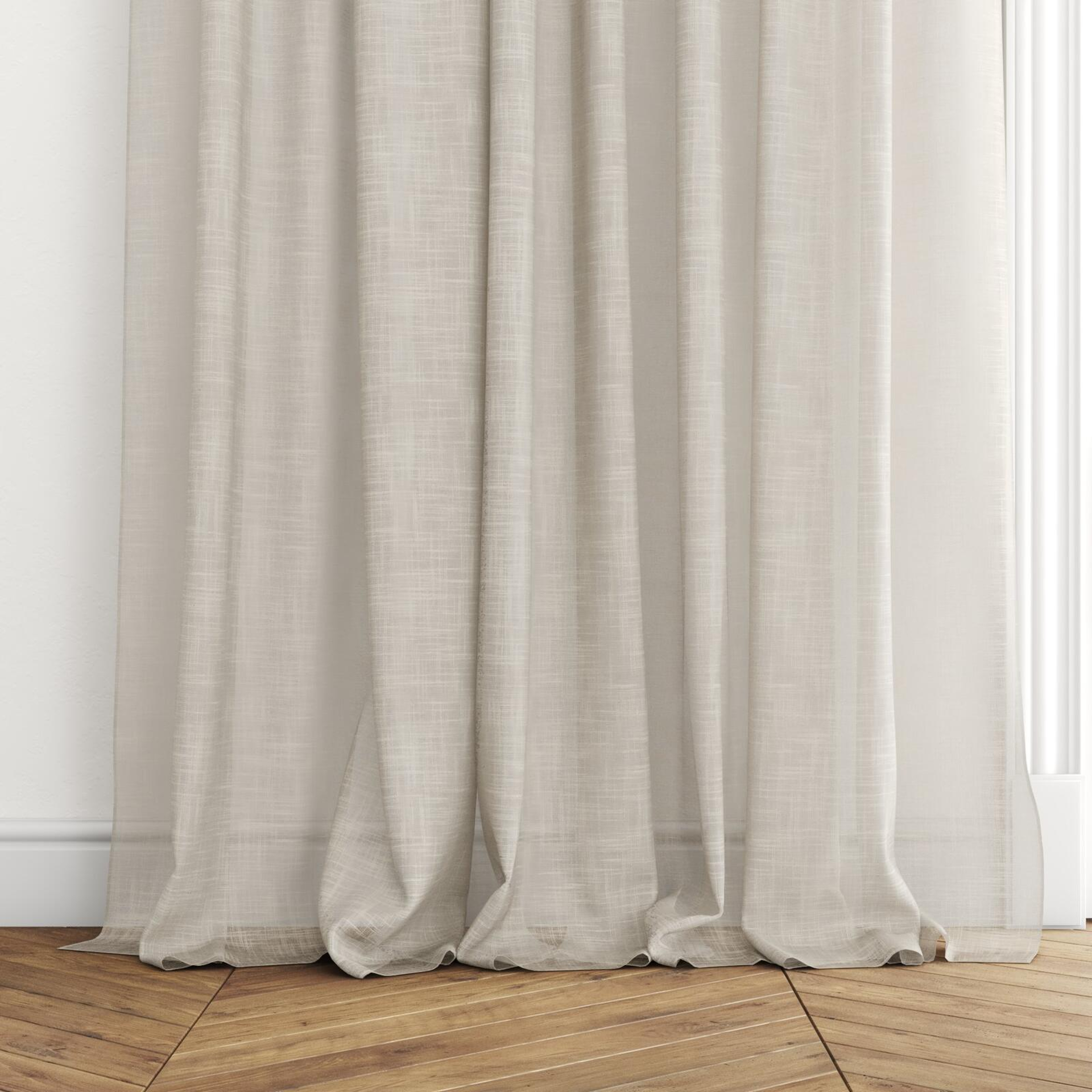 Bottom view of Savina Plaza, puddled with pinch pleat, on curtain rod