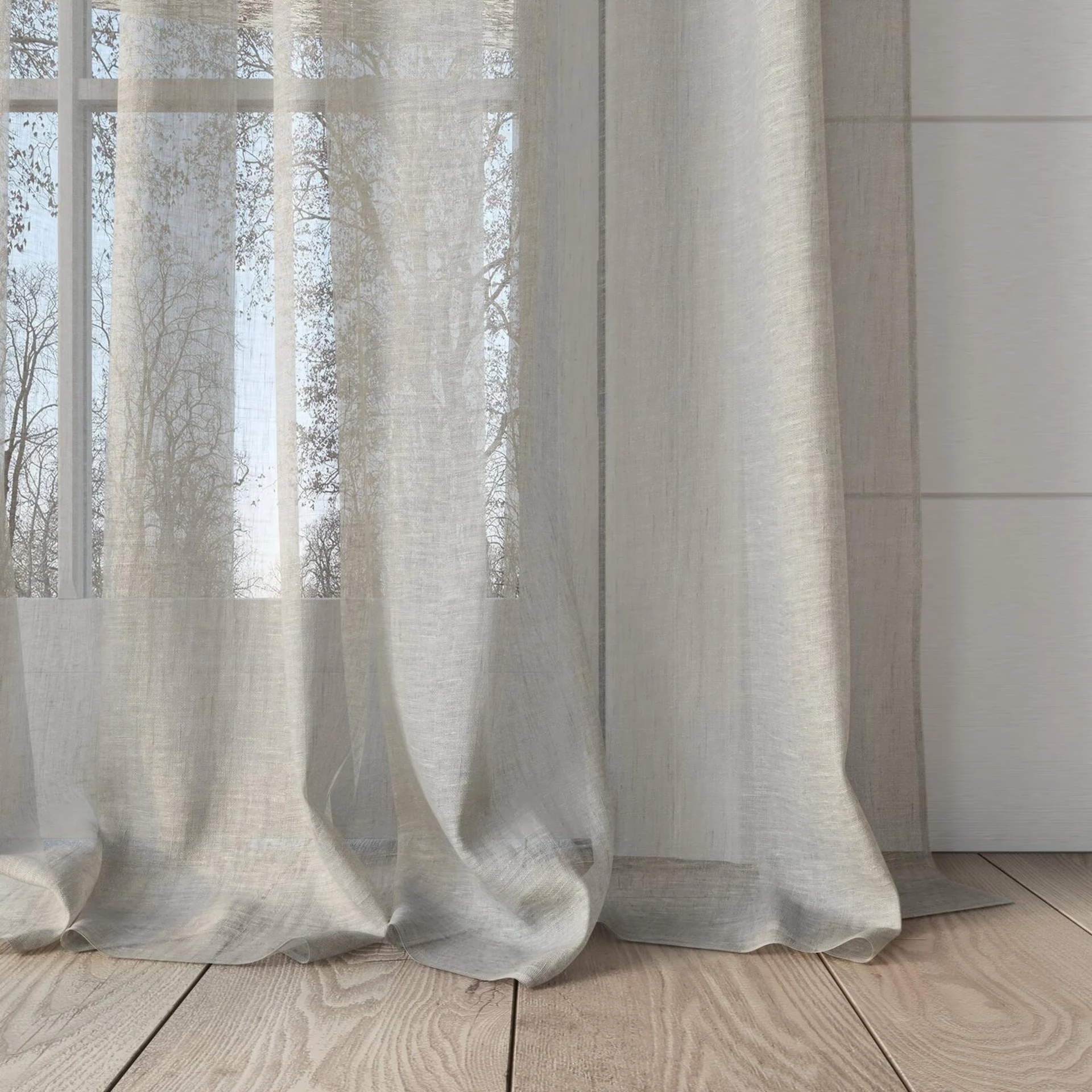 Bottom view of Pure Linen Sesame, puddled, on curtain rod