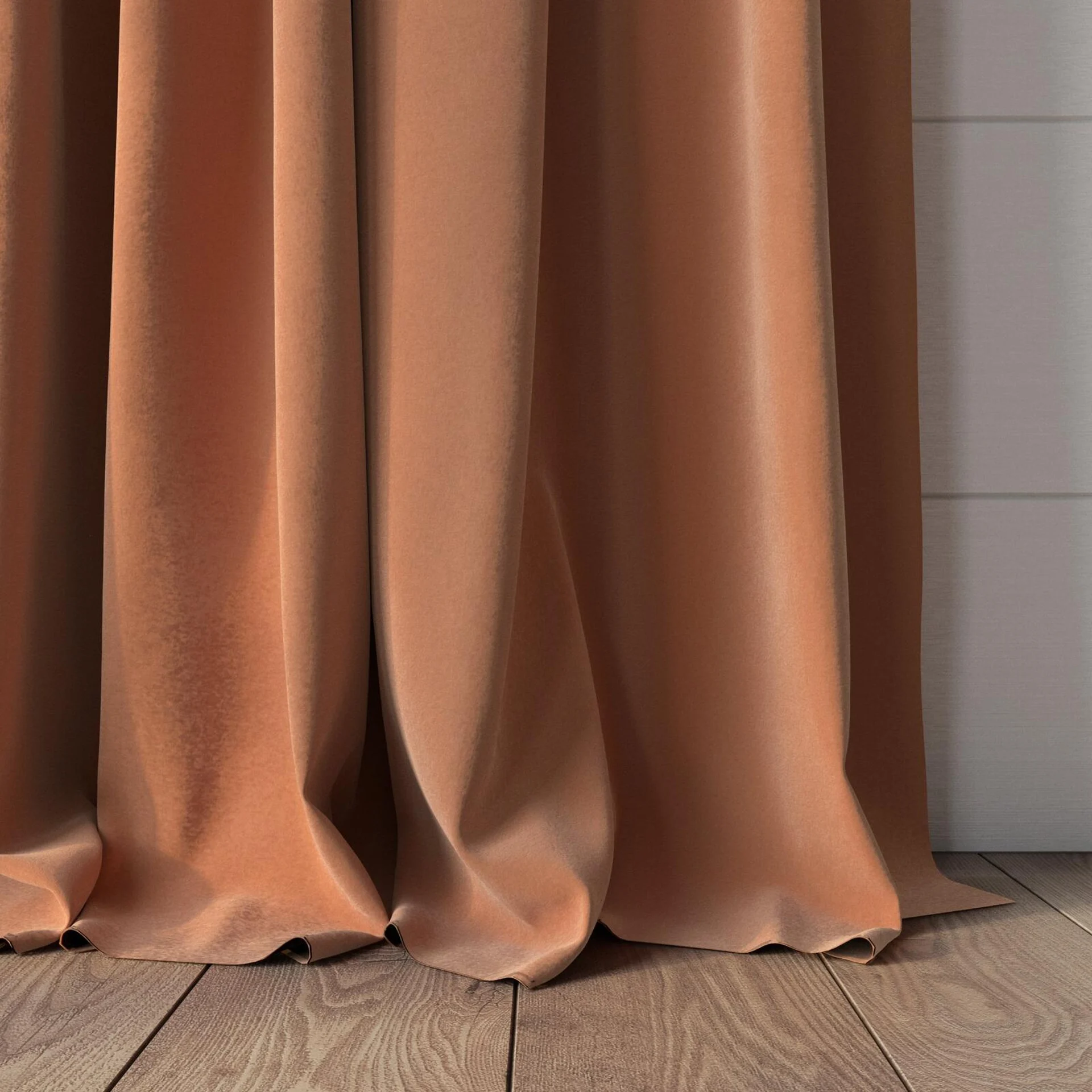 Bottom view of Lux Velvet Terracotta 8901, puddled, on curtain rod