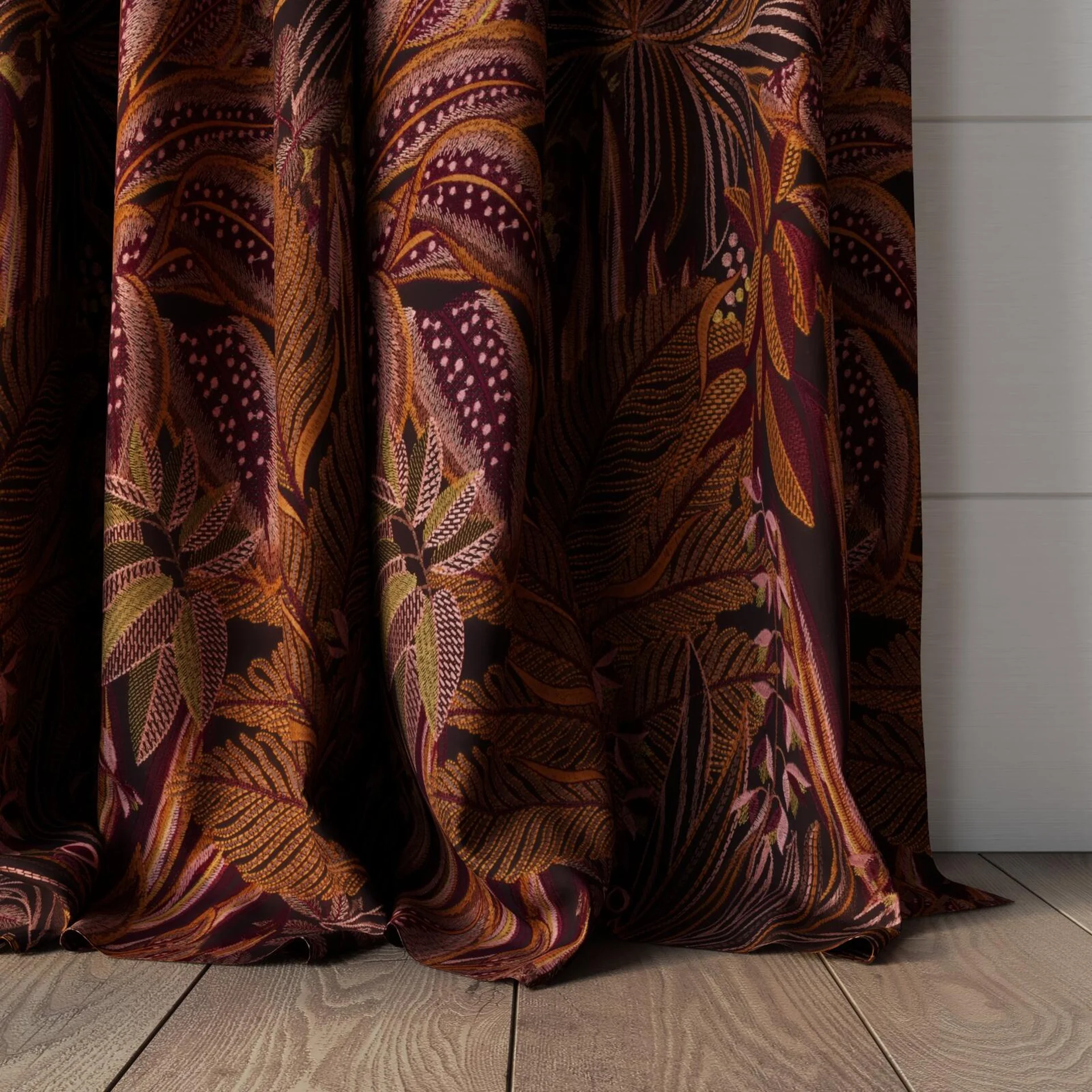 Bottom view of Jungle Room Muscat, puddled, on curtain rod