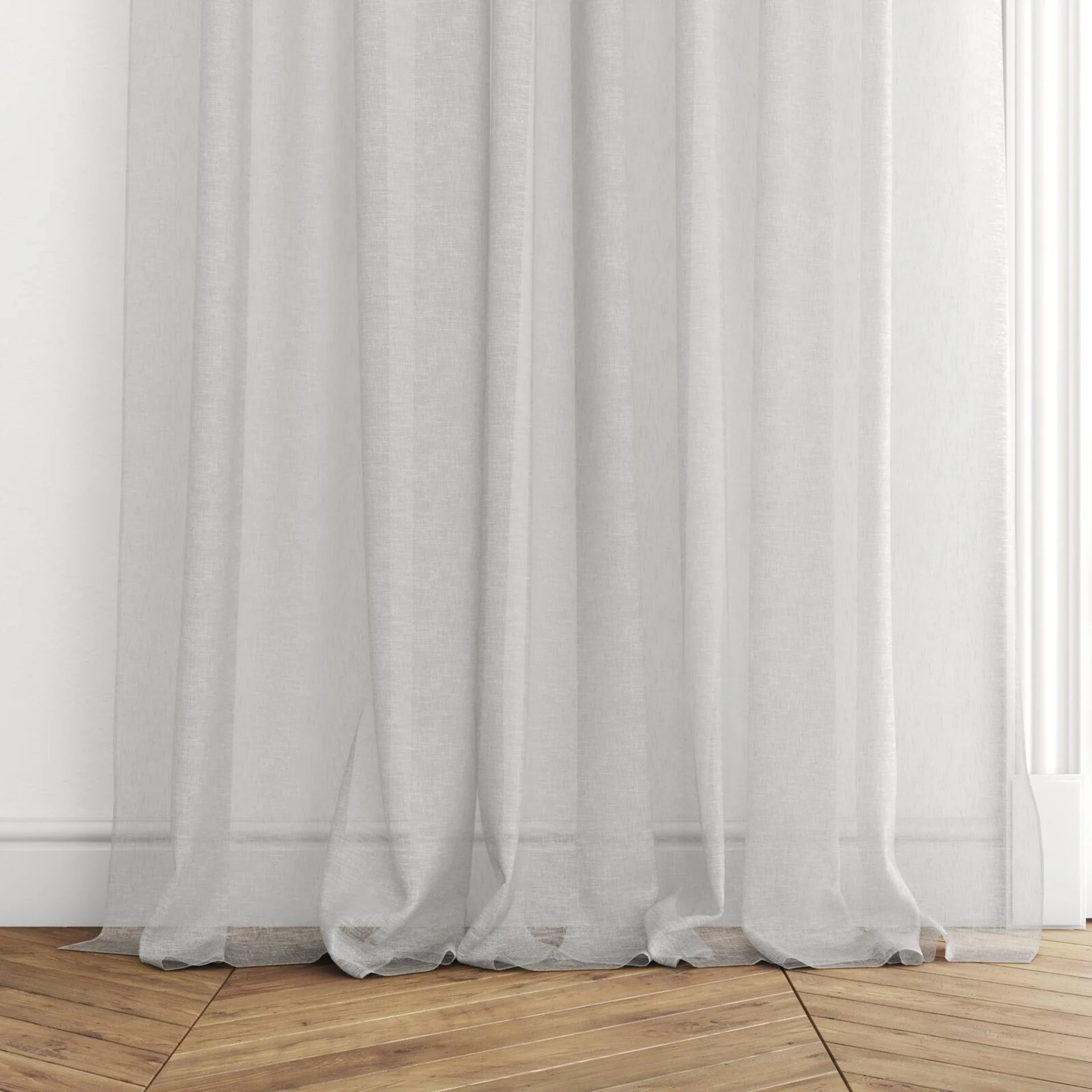 Bottom view of Seaview Willow, puddled with pinch pleat, on curtain rod