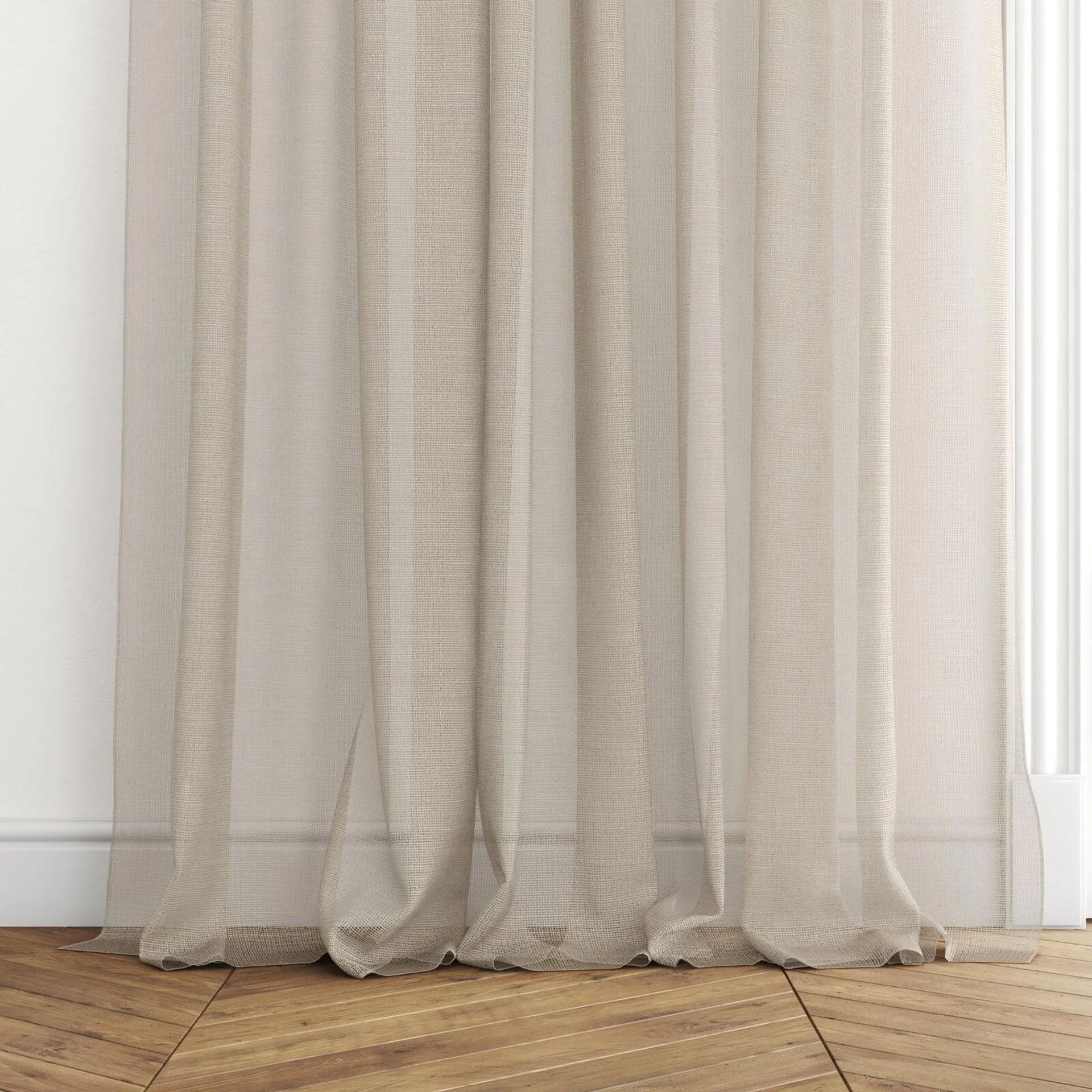 Bottom view of Radiant Melon, puddled with pinch pleat, on curtain rod