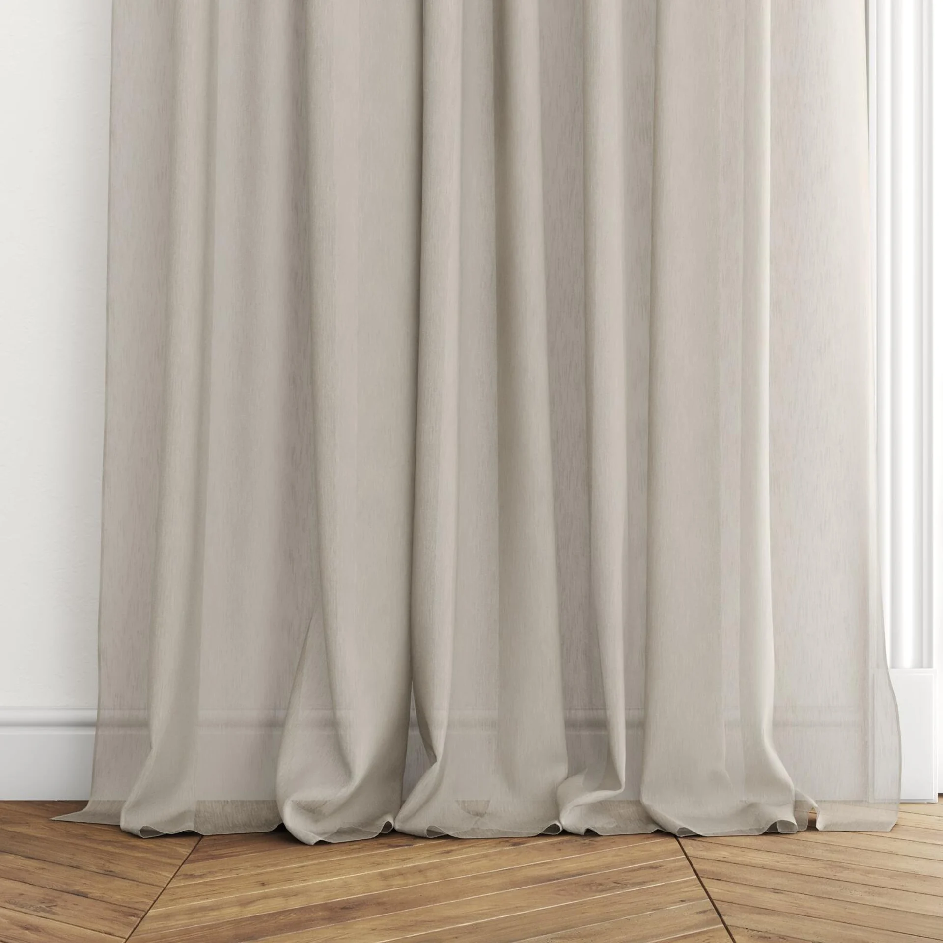 Bottom view of Stratus Hay, puddled with pinch pleat, on curtain rod